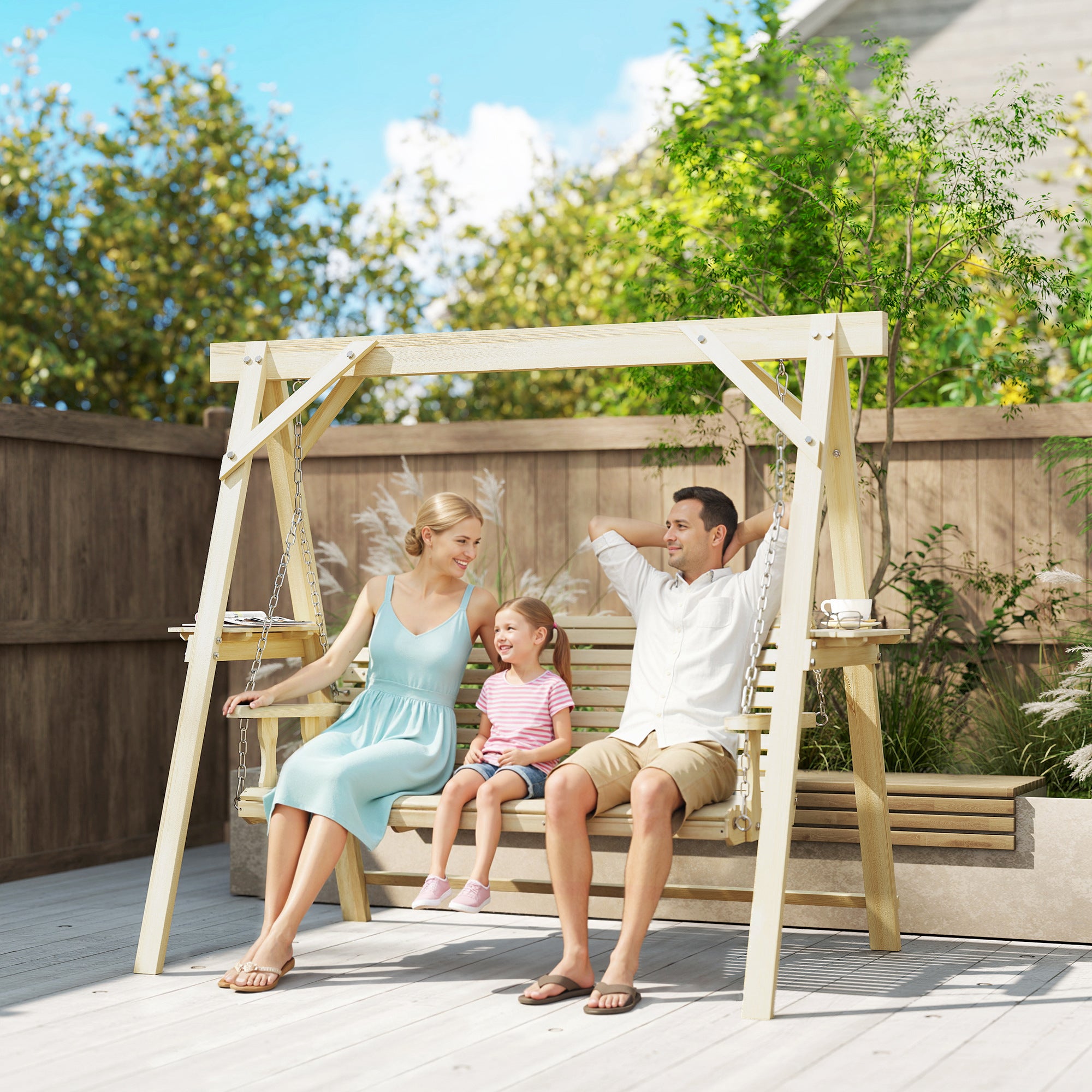 3 Seat Wooden Porch Swing with Stand, Patio Swing with Side Tables, for Garden, Poolside, Backyard, Natural Wood
