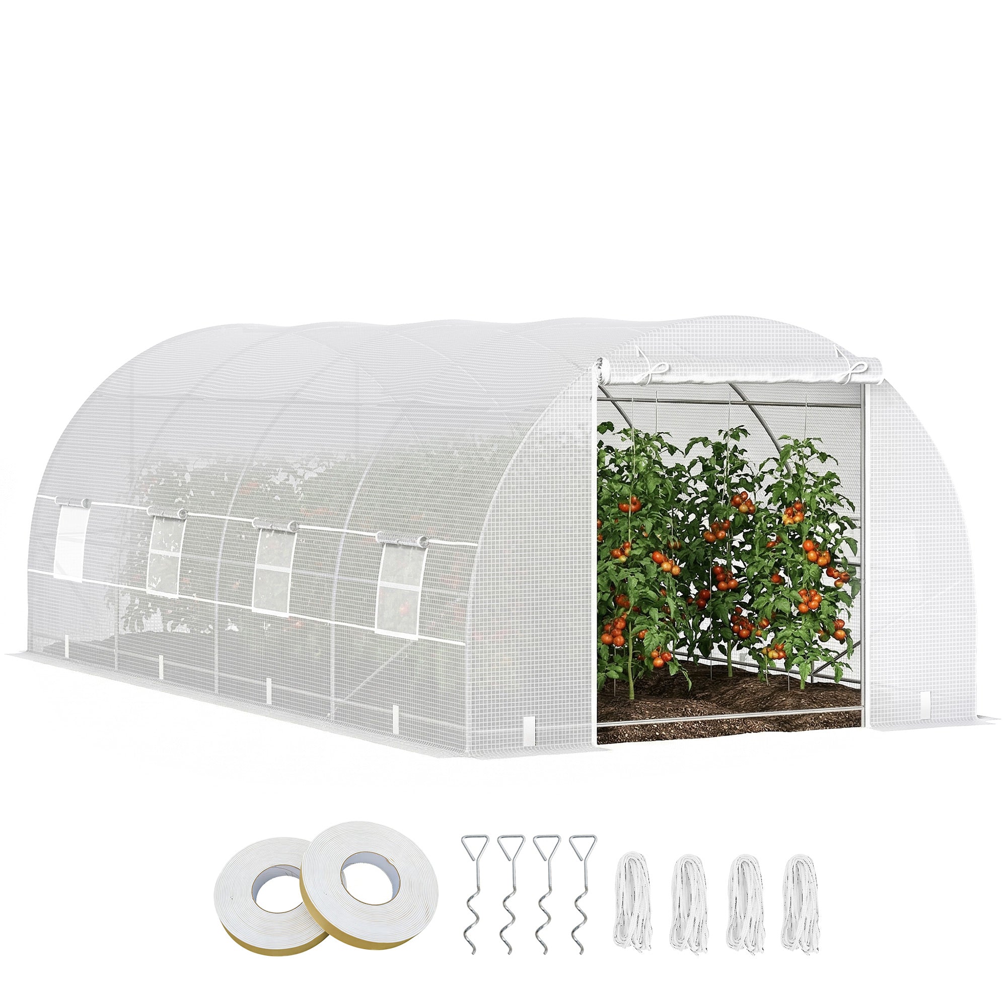 20' x 10' x 7' Walk-In Tunnel Greenhouse with Zippered Door & 8 Mesh Windows, Large Garden Green House Kit, Galvanized Steel Frame, White