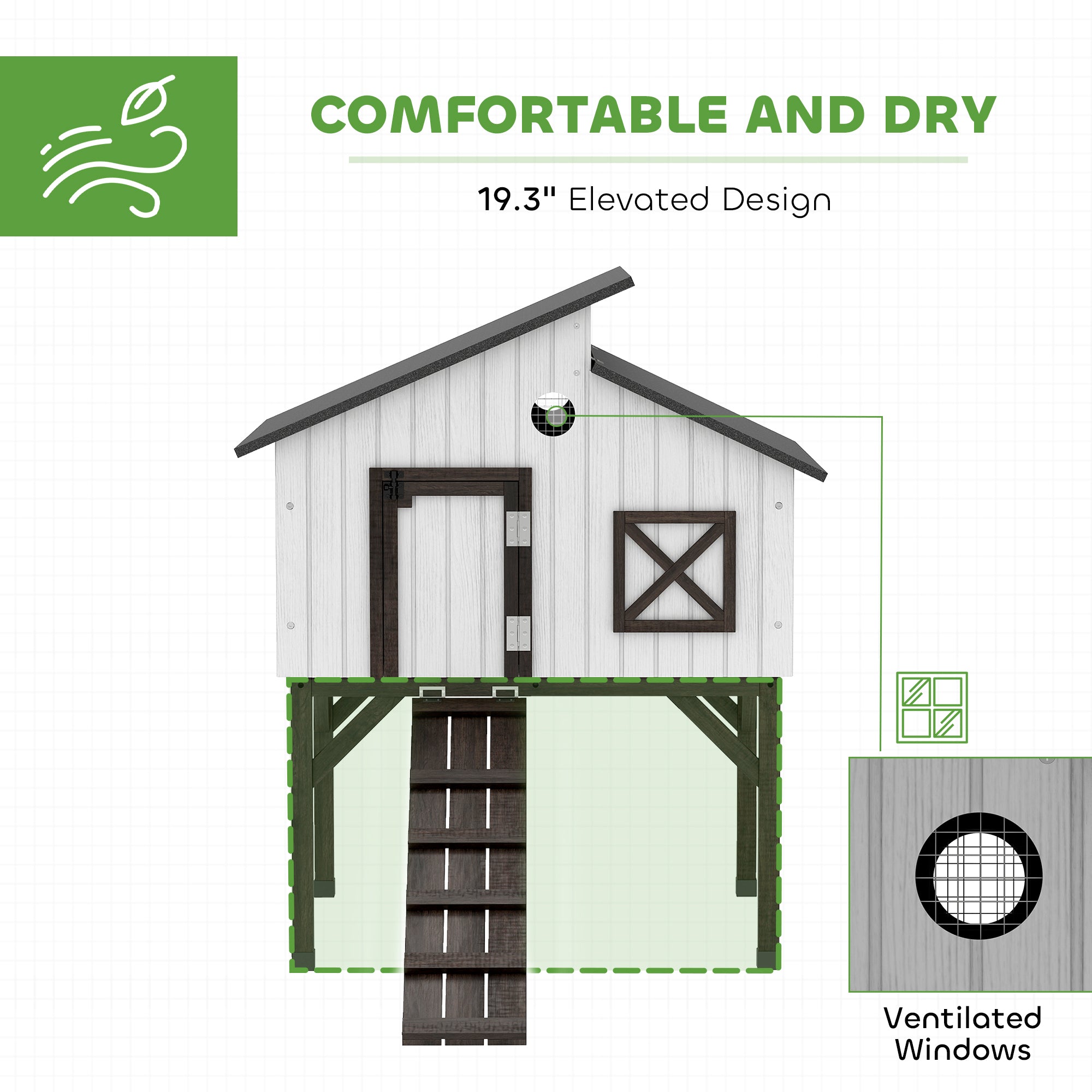 Chicken Coop Hen House with Nesting Box, Elevated Rabbit Hutch with Ramp, Asphalt Openable Roof and Elevated Legs