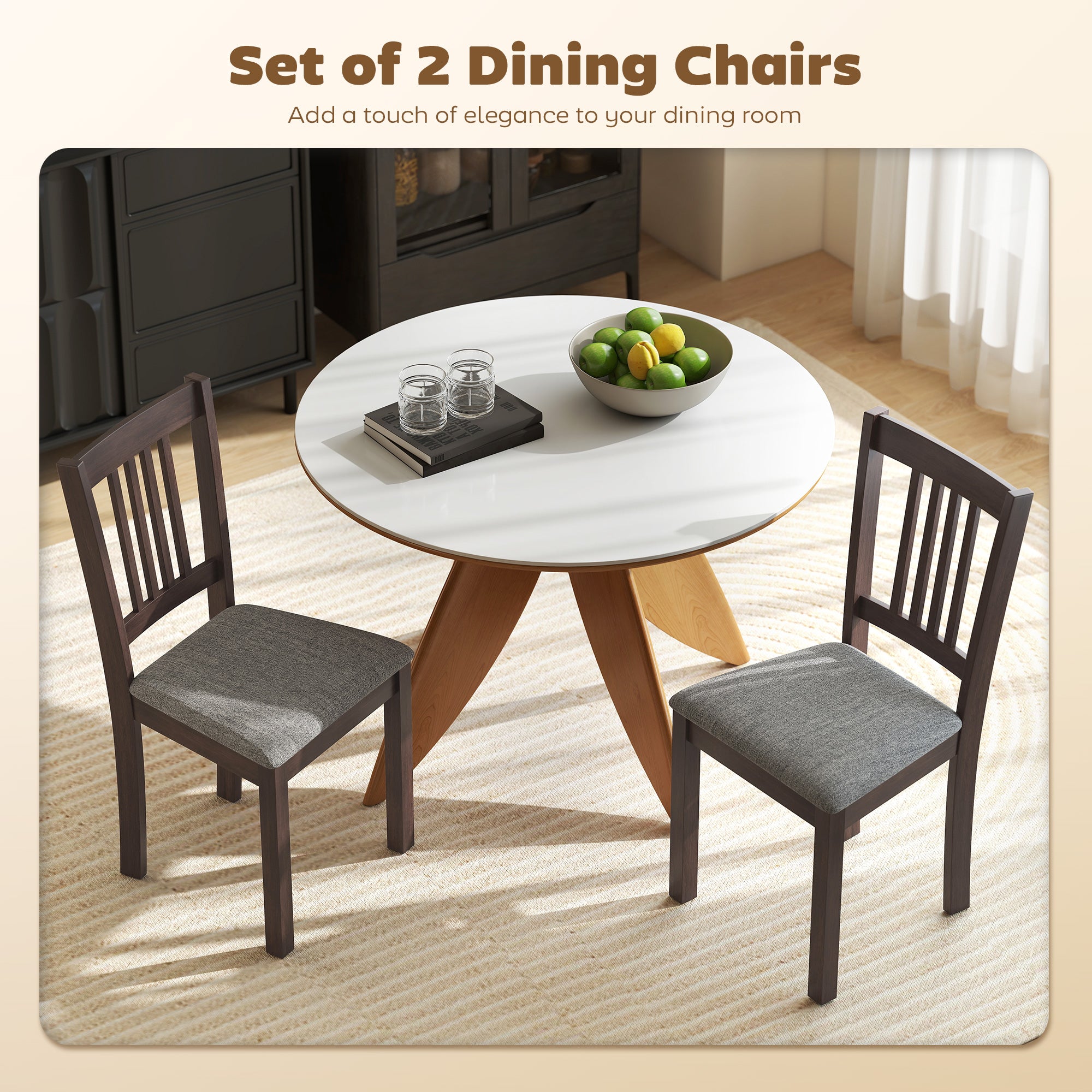 Dining Chairs Set of 2 Linen Upholstered Kitchen Chairs with Rubberwood Legs for Dining Room Living Room Espresso Gray