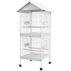Wrought Metal Bird Cage Feeder with Rolling Stand Perches Food Containers Doors Wheels 67" H, White