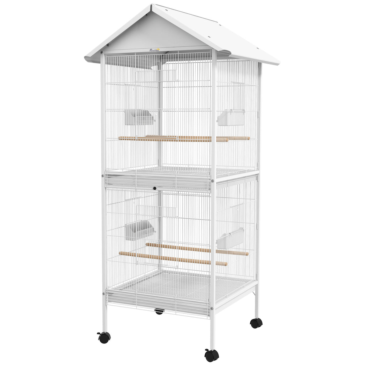 Wrought Metal Bird Cage Feeder with Rolling Stand Perches Food Containers Doors Wheels 67" H, White
