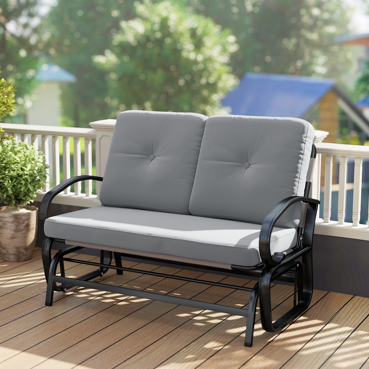 Outdoor Glider Bench, 2-Person Patio Rocker Loveseat with Tufted Cushions, Steel Frame for Porch, Garden Backyard, Gray