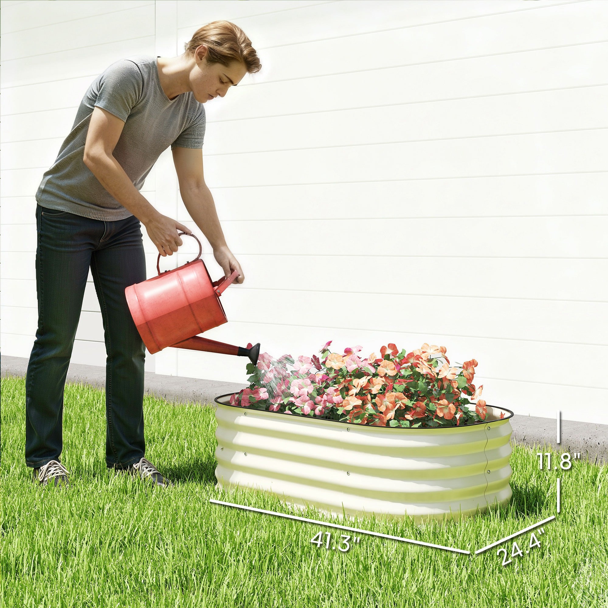 3.4' x 2' x 1' Galvanized Raised Garden Bed Kit, Metal Planter Box with Safety Edging, Cream