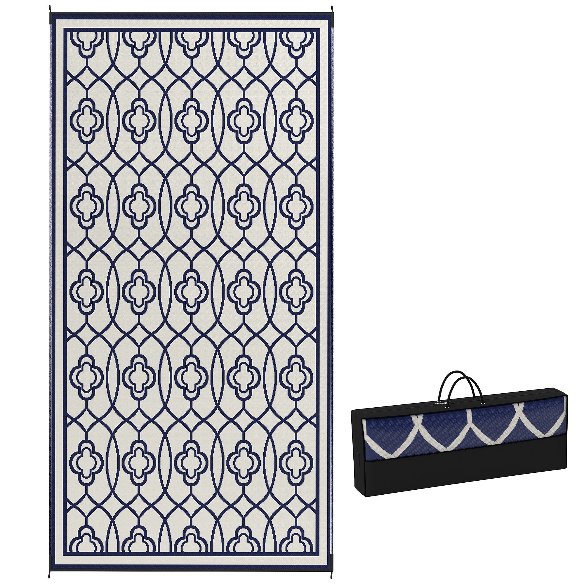 Reversible Outdoor Rug, Waterproof Plastic Straw with Carry Bag, 9' x 18', Blue & White Lantern