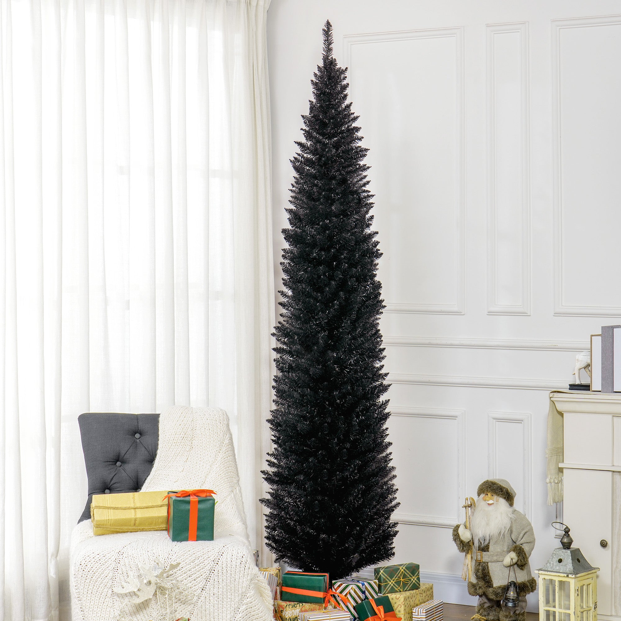 8ft Unlit Pencil Artificial Christmas Tree with Realistic Branches and 618 Tips, Plastic Base, Black
