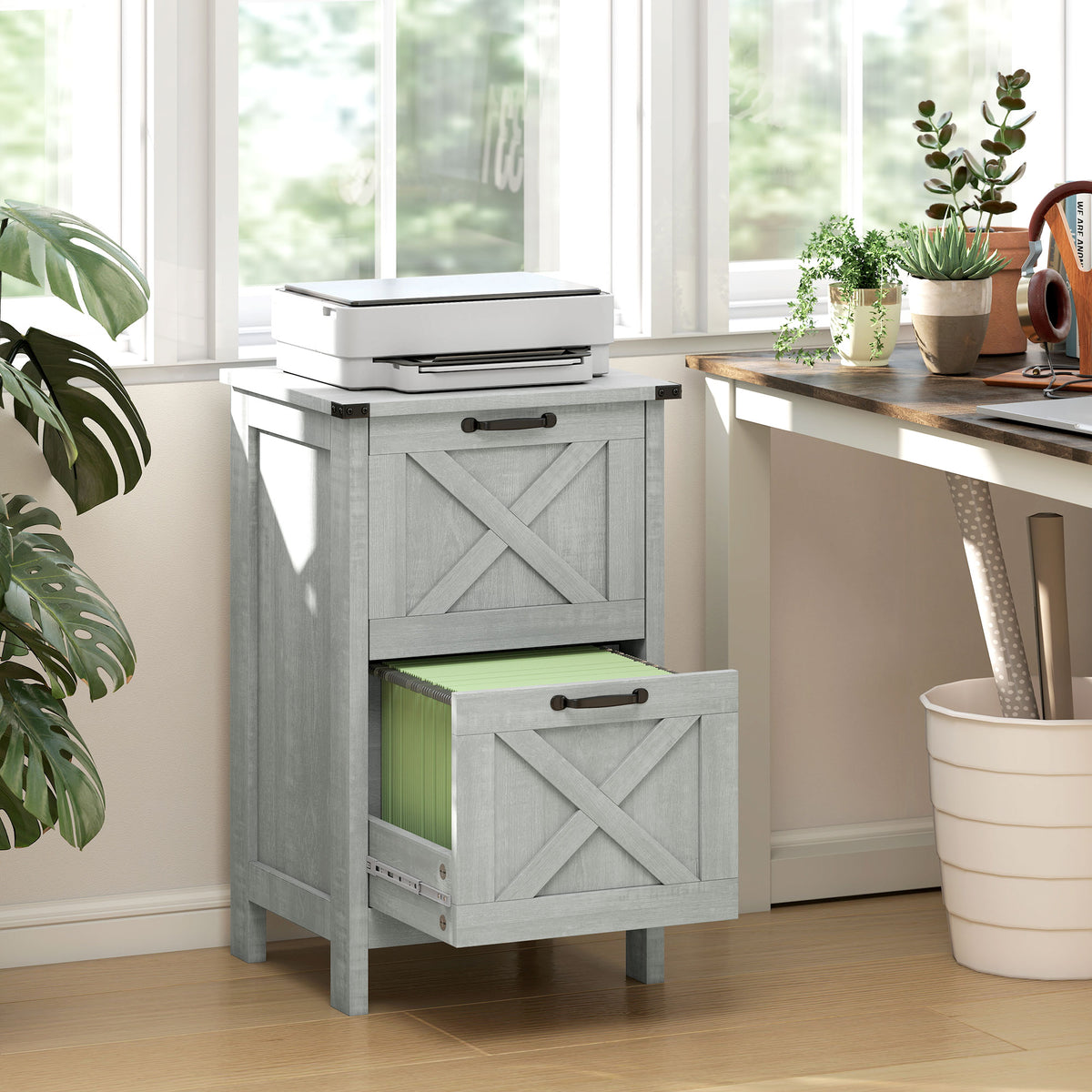 Vertical File Cabinet with 2 Drawers, Rustic Farmhouse Office Storage Cabinet for A4, Letter Size, Distressed Light Gray