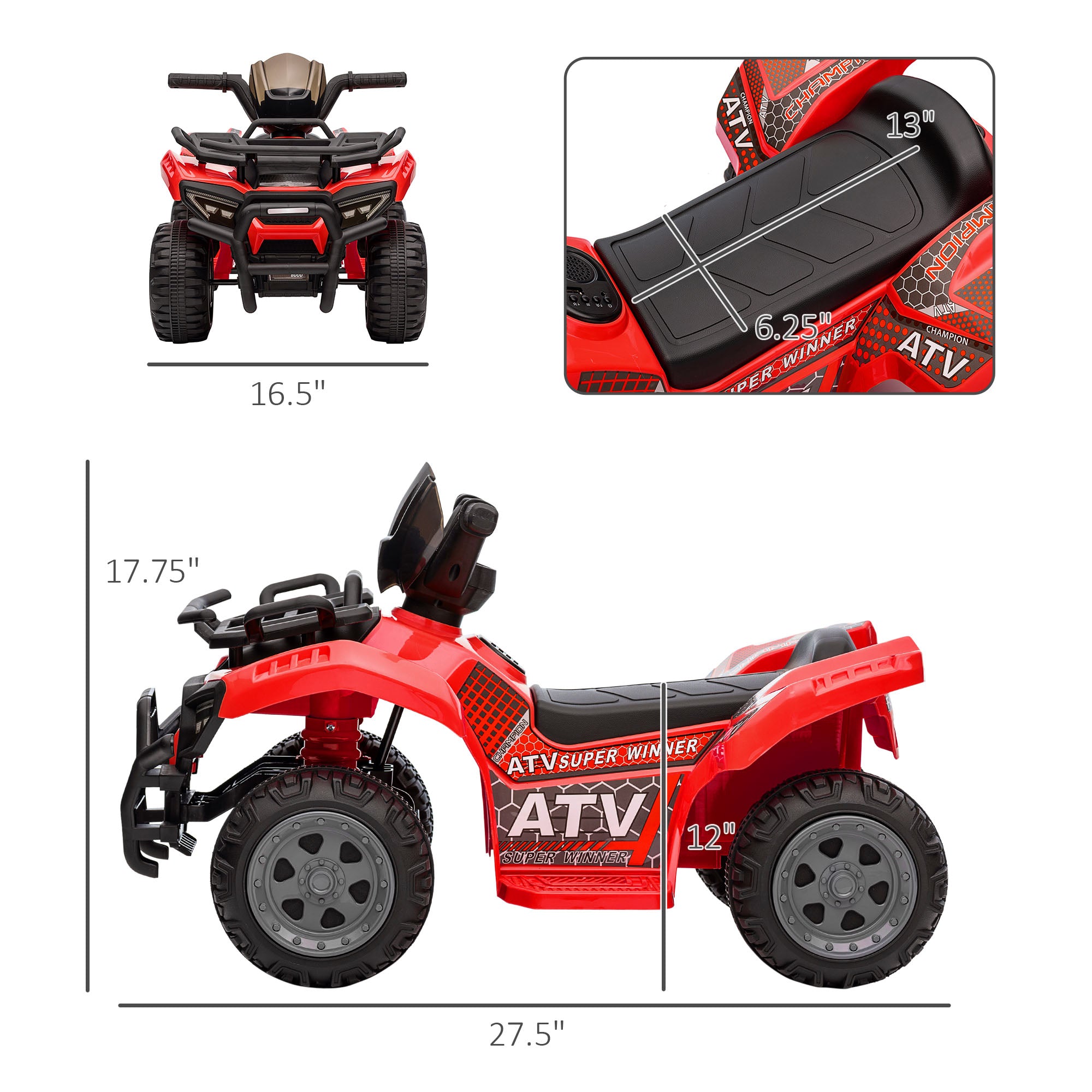 6V Battery Powered Electric ATV, Quad Four Wheeler Ride On Toy Car w/ LED Headlights for Kids Toddlers, Red