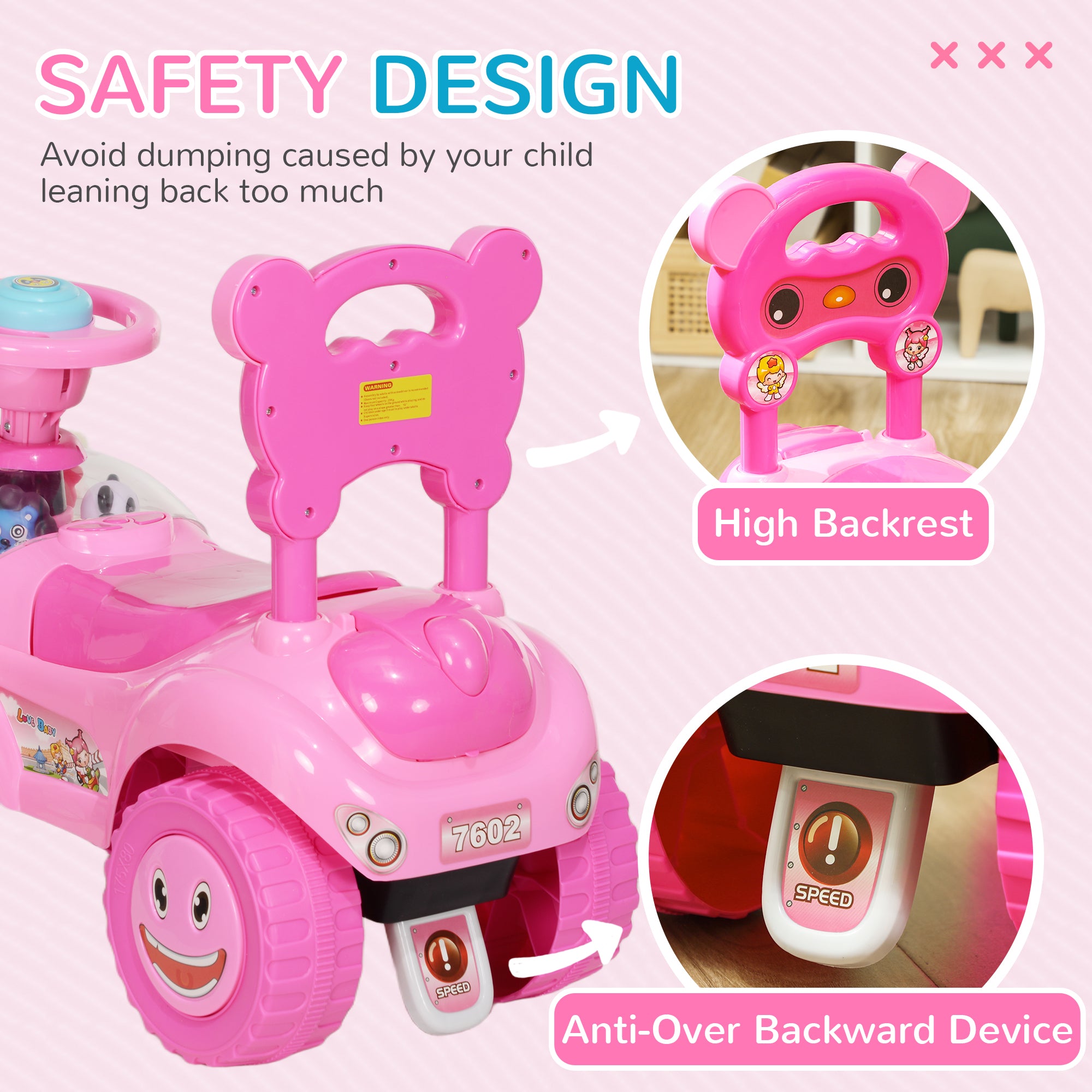 Foot to Floor Toddler Push Car w/ Horn, Light, Music, Anti-Over-Backwards Device & Underseat Storage, Pink
