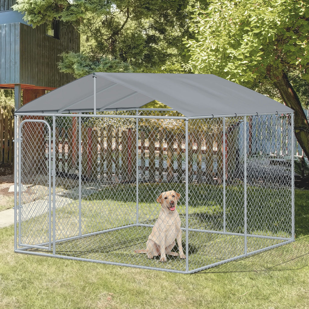 Outdoor Dog Kennel Galvanized Steel Fence with Cover Secure Lock Mesh Sidewalls for Backyard 9.8' x 9.8' x 7.7'