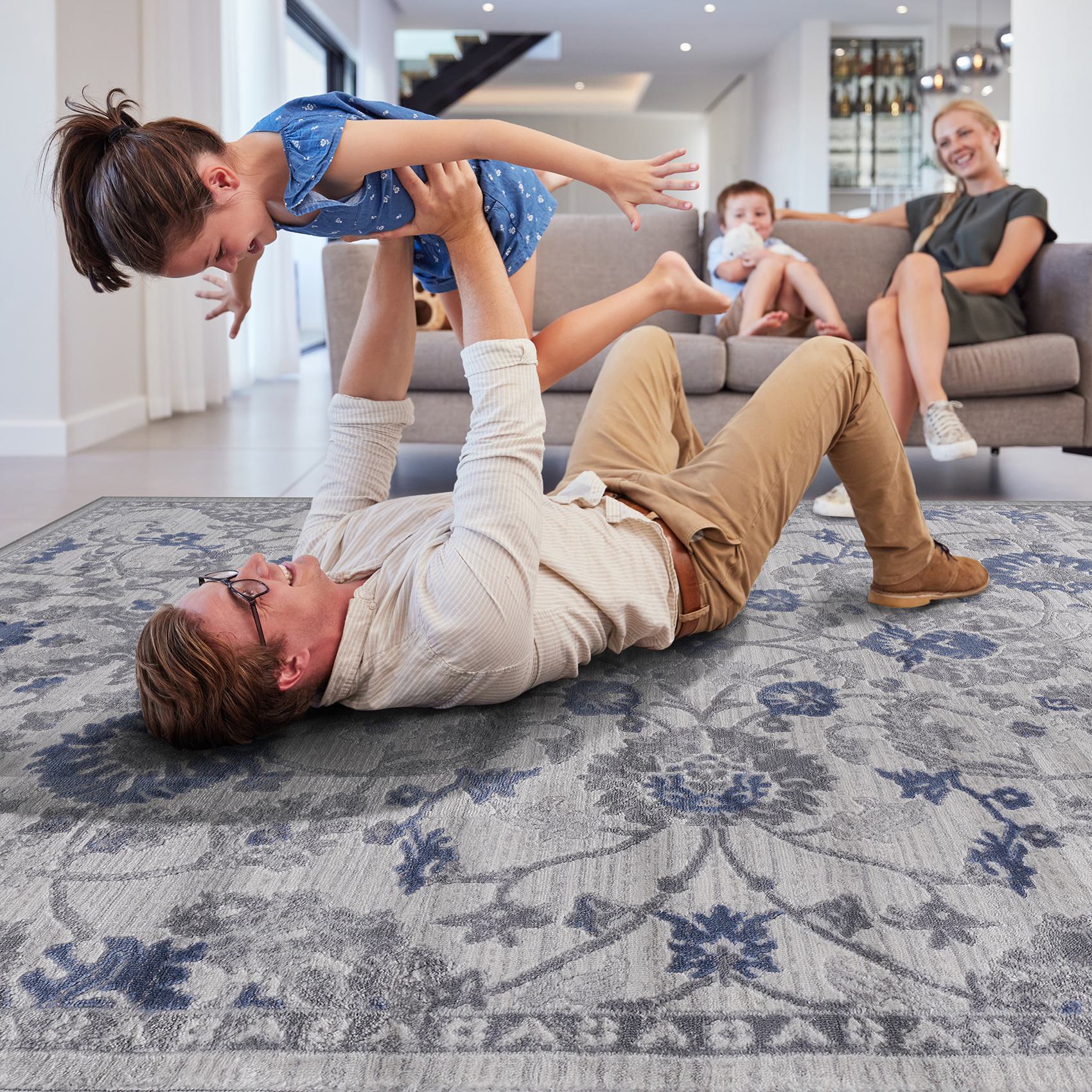 Naar 8x10 Stain-Resistant Area Rug with Cotton Backing, Medium Pile Height, Kid and Pet-Friendly Carpet, 120" L x 93" W x 0.35" H, Blue