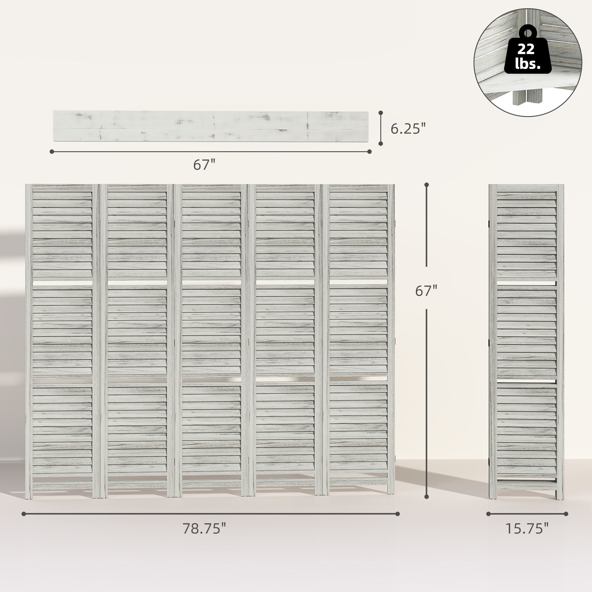 5 Panel 67" Tall Wood Privacy Screen Room Divider with 3 Shelves and Folding Storage for Bedroom, Distressed White