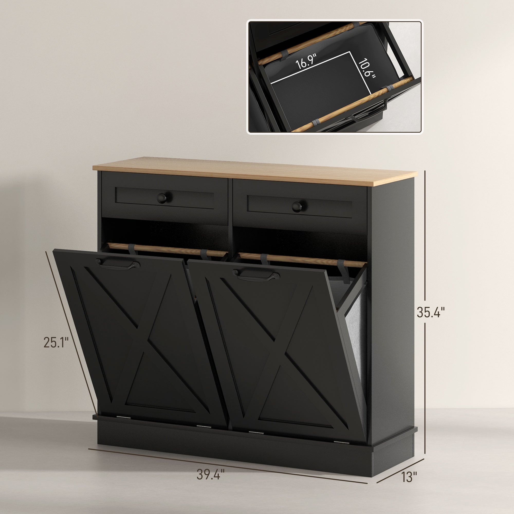 Tilt Out Laundry Hamper Cabinet, Bathroom Storage Cabinet with 2 Removable Baskets and 2 Drawers, Black