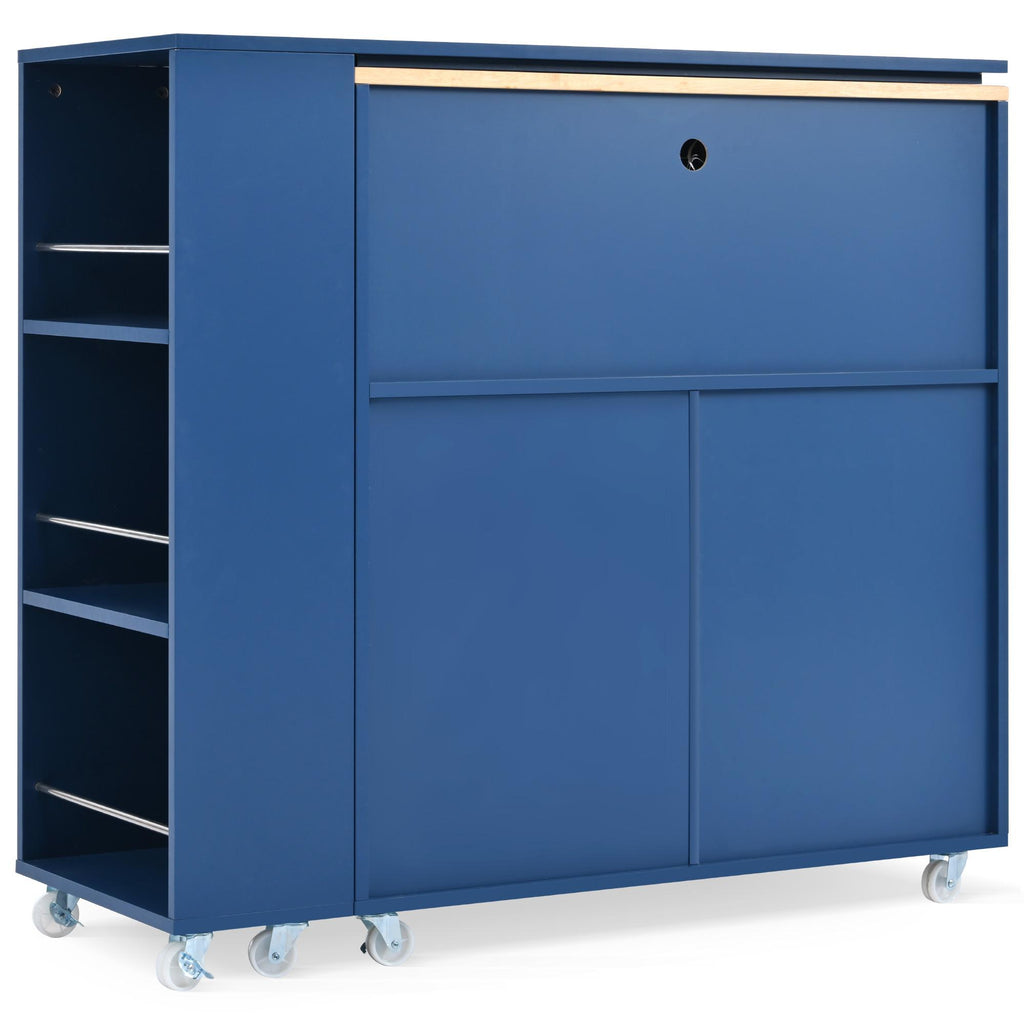 LED Kitchen Island with Extended Table, Power Outlets, Storage Shelves, Utility Cart with Fluted Glass Doors, 56.5" L x 33" W x 38" H, Navy Blue