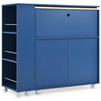 LED Kitchen Island with Extended Table, Power Outlets, Storage Shelves, Utility Cart with Fluted Glass Doors, 56.5" L x 33" W x 38" H, Navy Blue