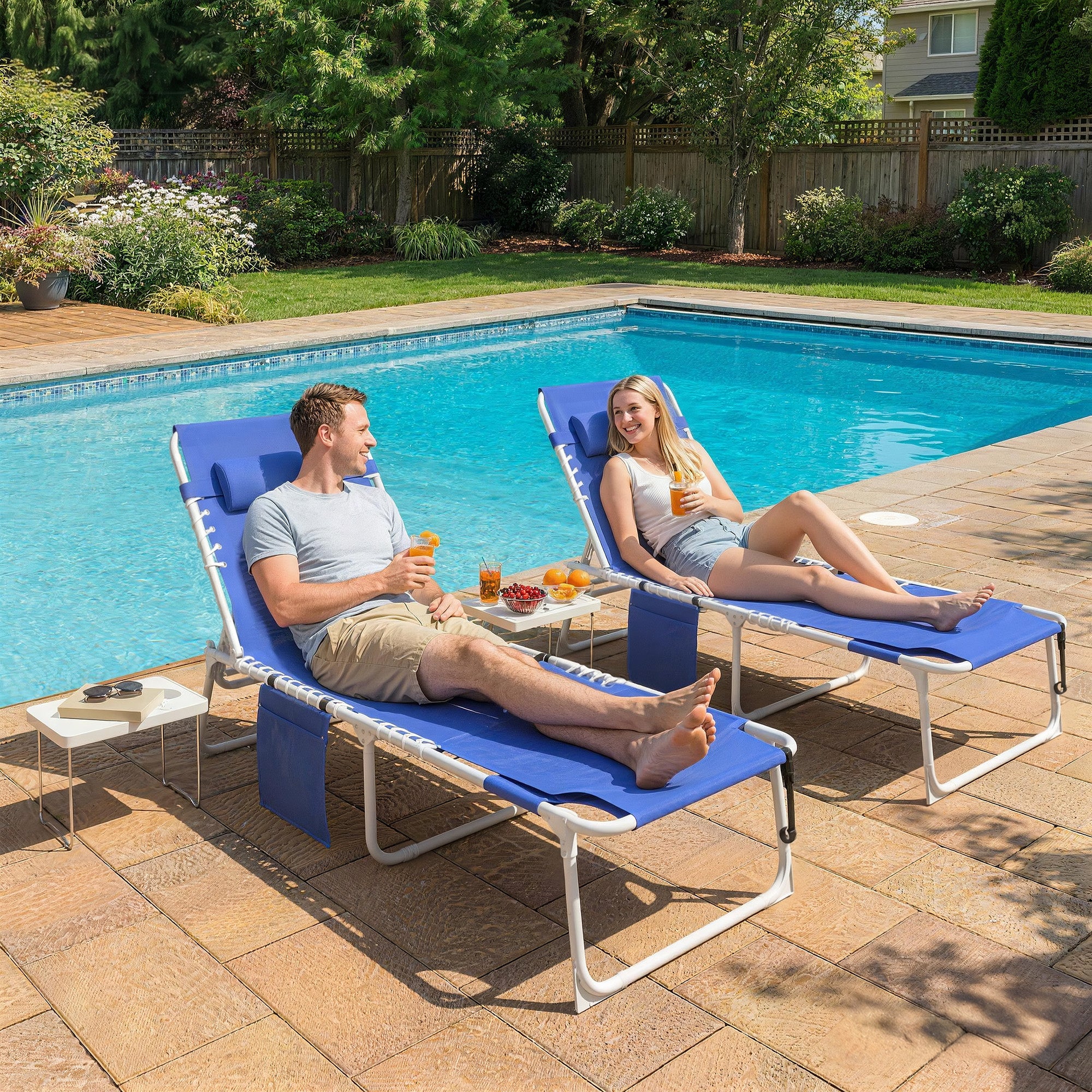 Tanning Chair Set of 2 with Face Hole and Side Table, 5-Position Folding Outdoor Chaise Lounge Chair, Navy Blue