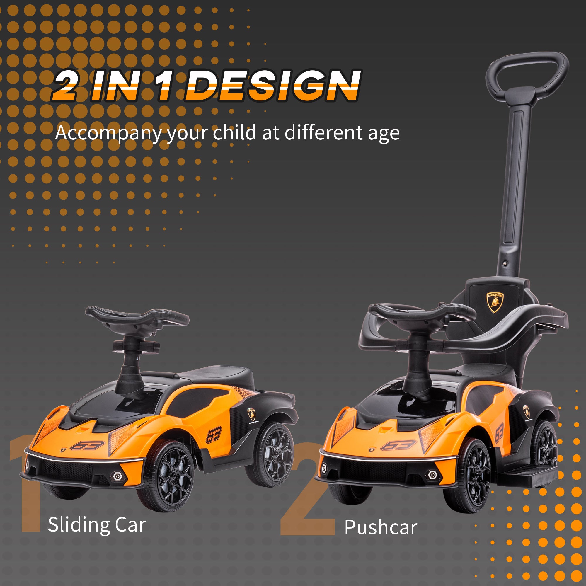 2-in-1 Ride On Push Car for Toddlers 1-3, Licensed Stroller Sliding Car, Push-Along with Under Seat Storage Horn Engine Sound and Steering Wheel, Manual, Orange