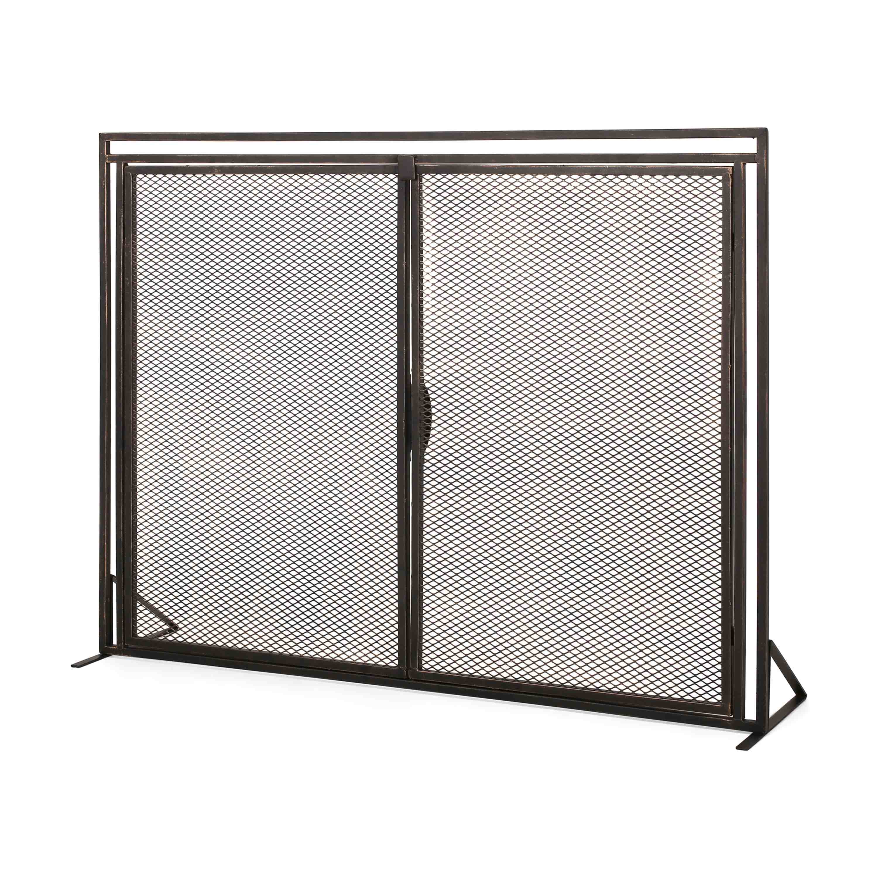 Iron Fireplace Screen with Easy Access Doors, Matte Black Finish, Hand-Crafted Details, 40" L x 10.25" W x 30.5" H, Black+Gold