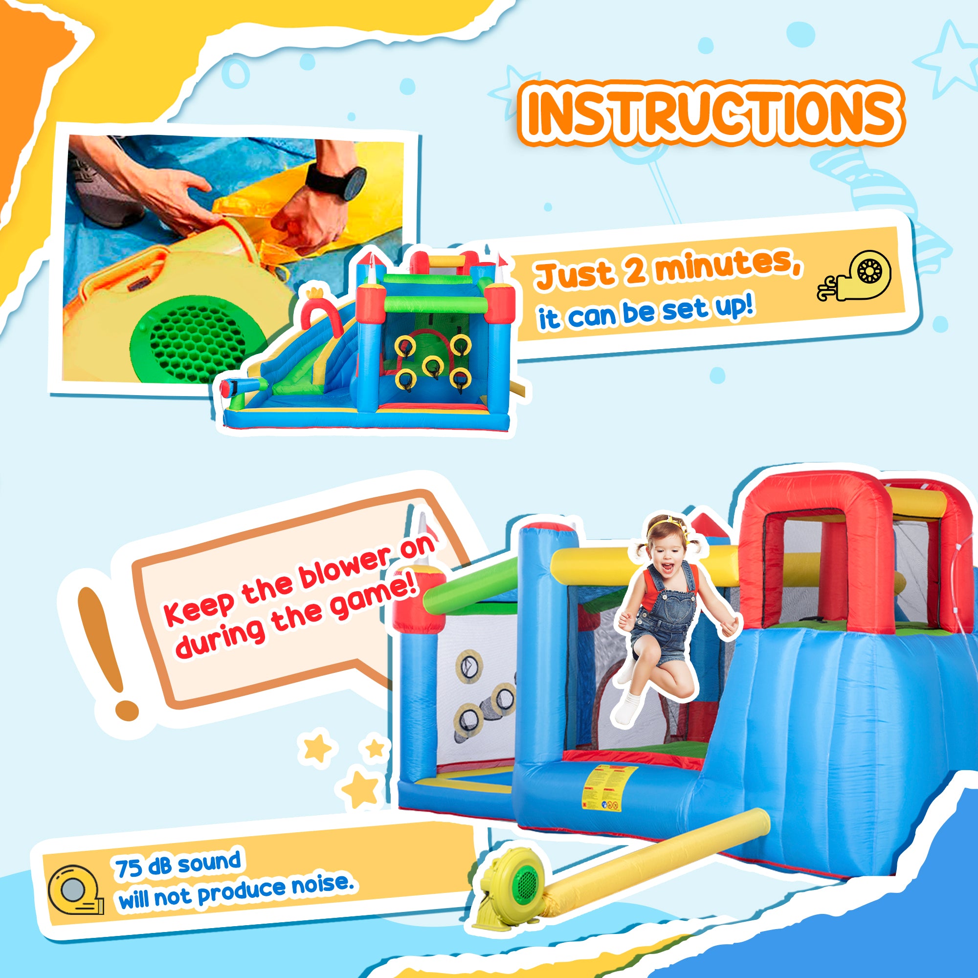 6-in-1 Inflatable Water Slide with Splash Pool, Slide, Climbing Wall, Water Cannon, Inflatable Bounce House for Kids with 2 Min. Inflation and Air Blower