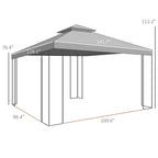 10' x 12' Patio Gazebo with Corner Frame Shelves, Double Roof Outdoor Gazebo Canopy Shelter with Netting, Brown