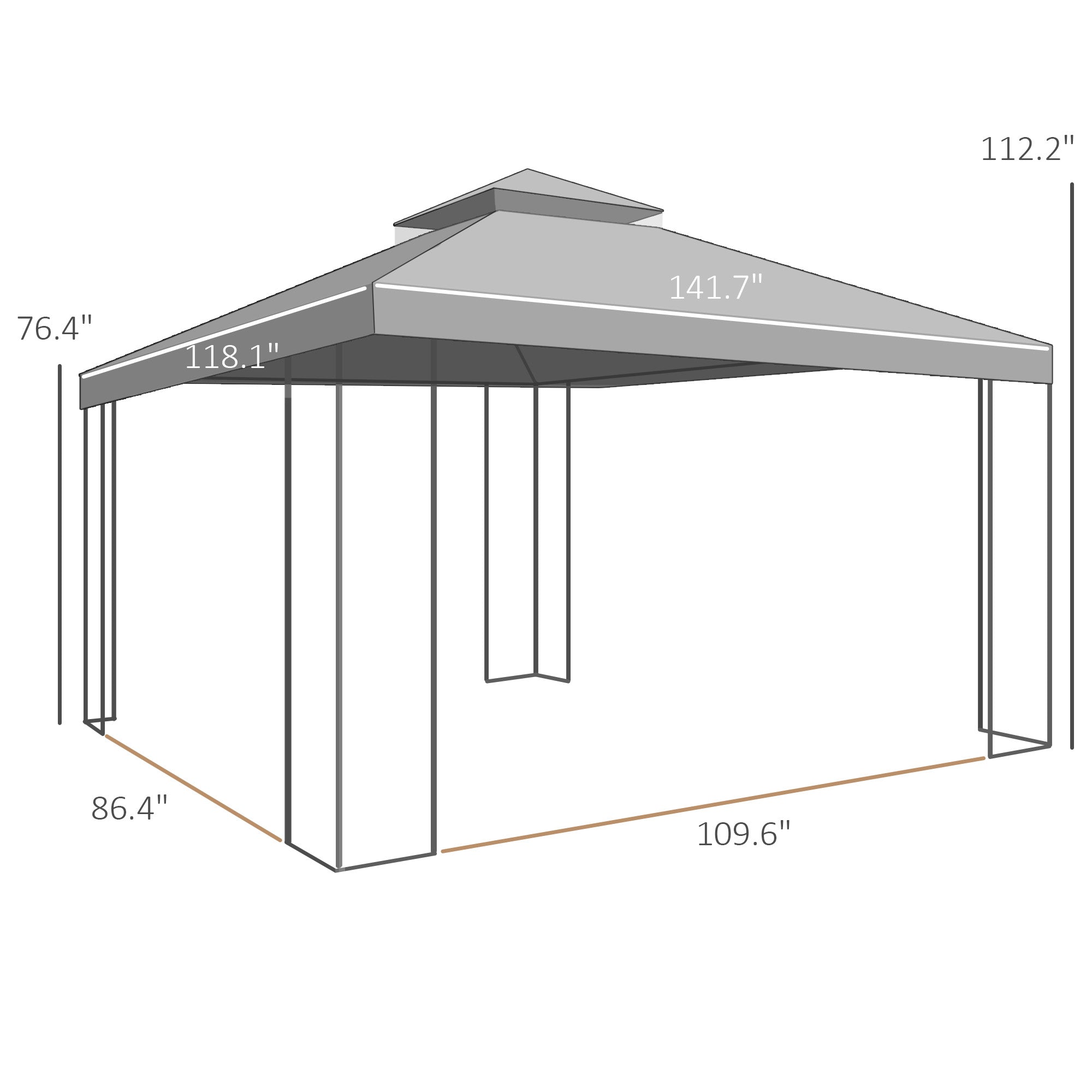 10' x 12' Patio Gazebo with Corner Frame Shelves, Double Roof Outdoor Gazebo Canopy Shelter with Netting, Brown
