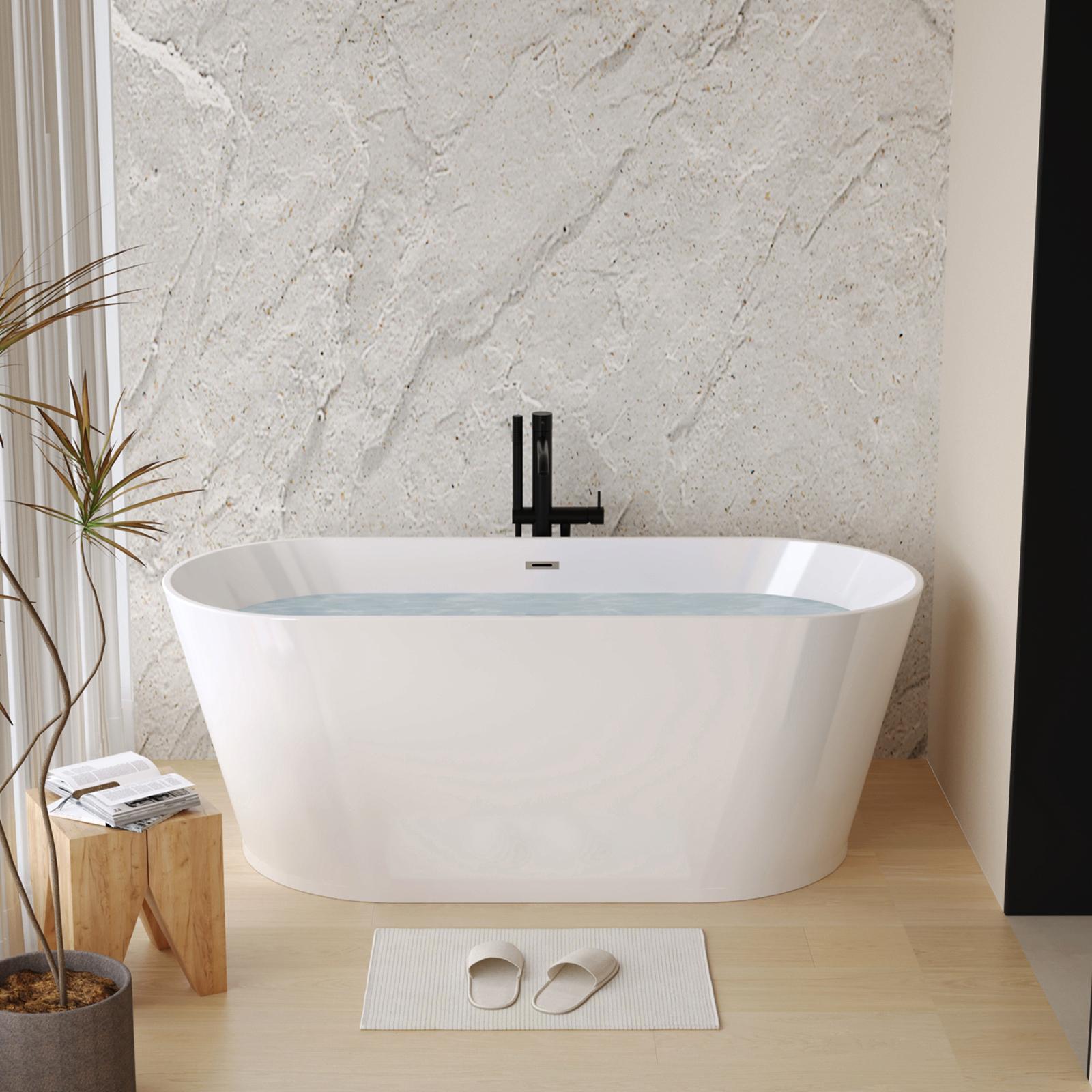 59" Acrylic Freestanding Soaking Bathtub with Double-Wall Insulation, Ergonomic Deep Tub for Heat Retention, 59" L x 29.5" W x 23" H, Gloss White