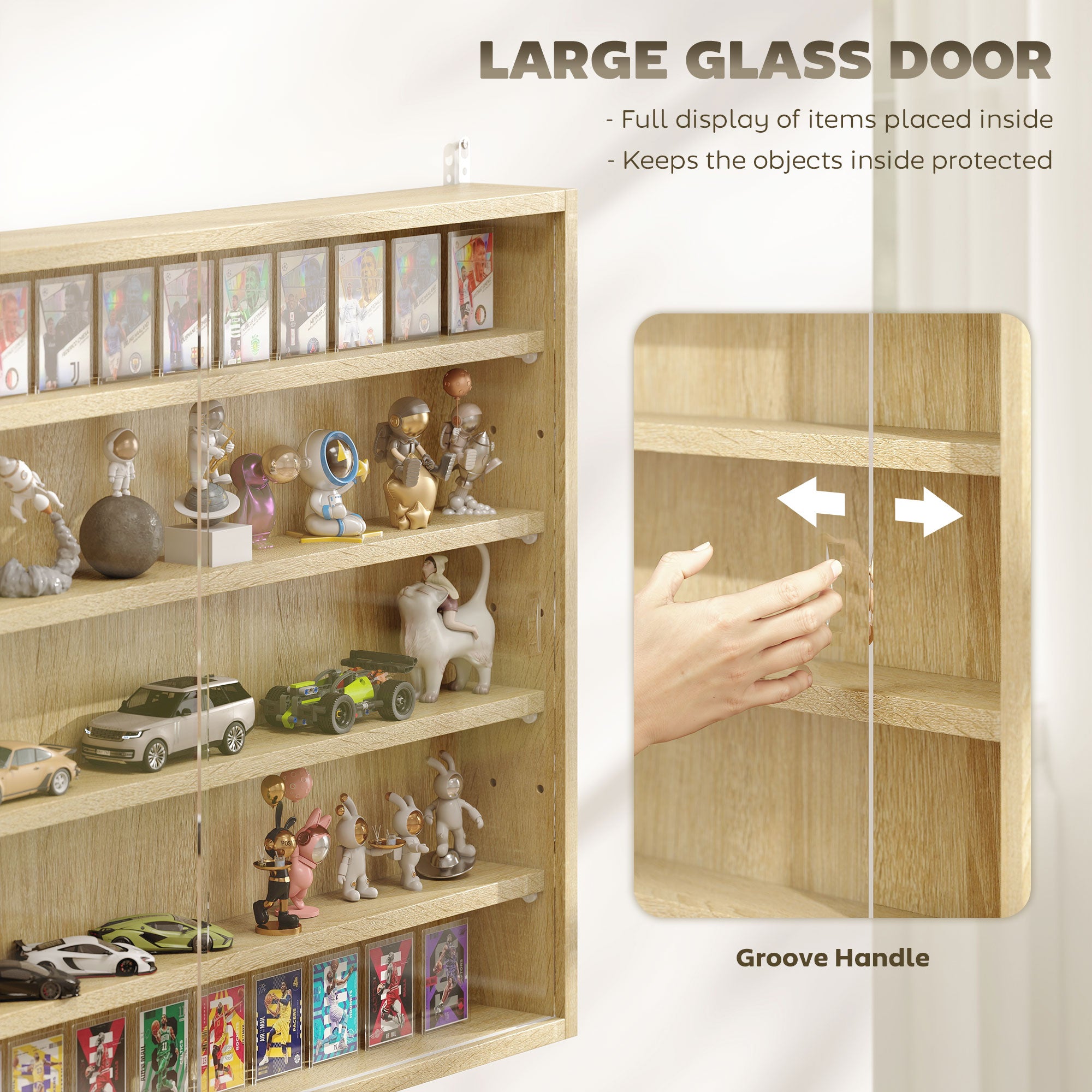 5-Tier Display Cabinet, Wall-Mounted Display Case with 2 Glass Doors and Adjustable Shelves, Oak