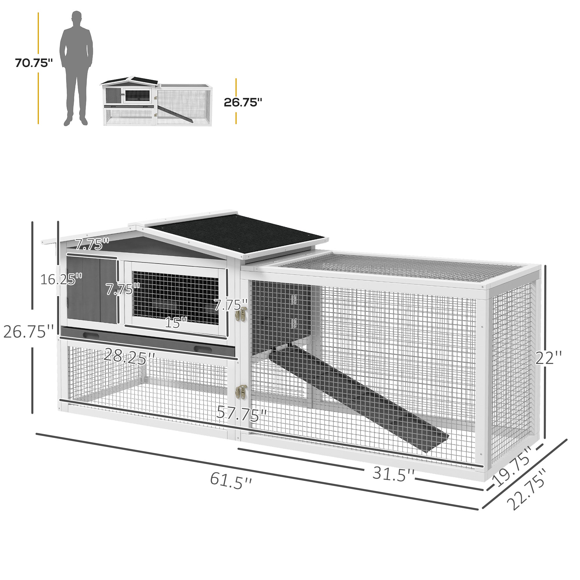 Rabbit Hutch 2-Story Bunny Cage, Guinea Pig Cage Indoor Outdoor, Small Animal House with Slide Out Tray, for Rabbits, Chickens, Ducks, 61.5" x 23" x 27", Light Gray