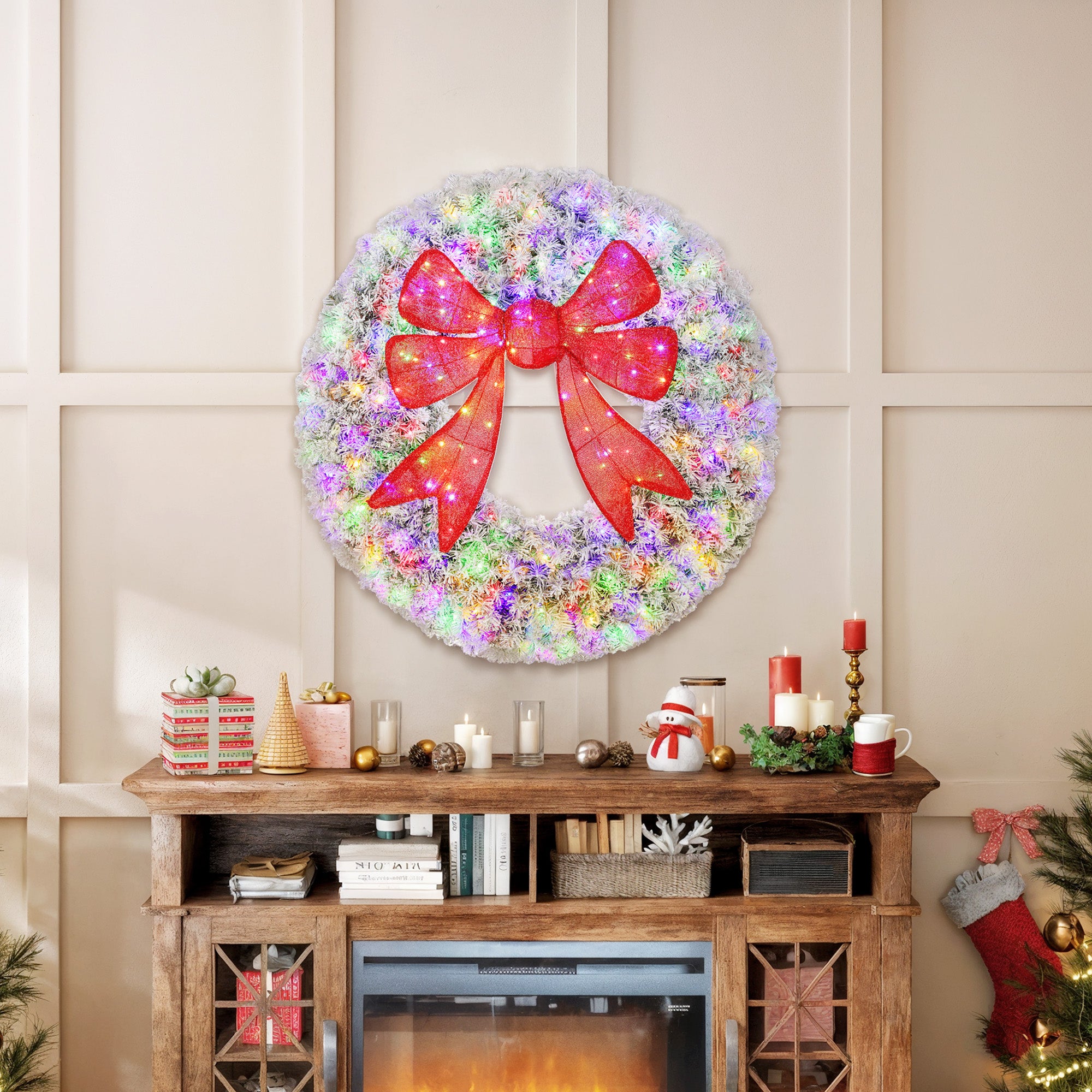 36in Flocked Pre-Lit Christmas Wreath with 3D Red Bow, 11 Lighting Modes, Front Door Christmas Wreath with Remote