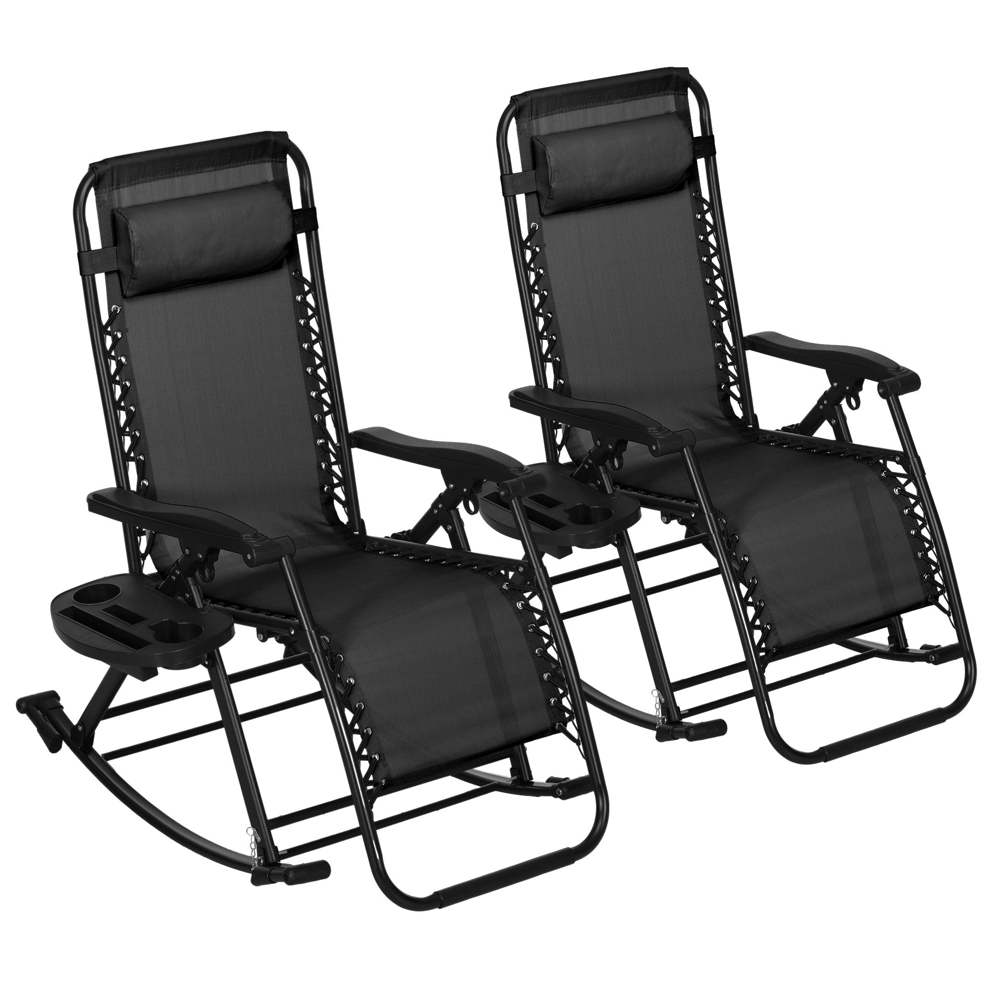 2 Outdoor Rocking Chairs Foldable Reclining Zero Gravity Lounge Rockers w/ Pillow Cup & Phone Holder, Black