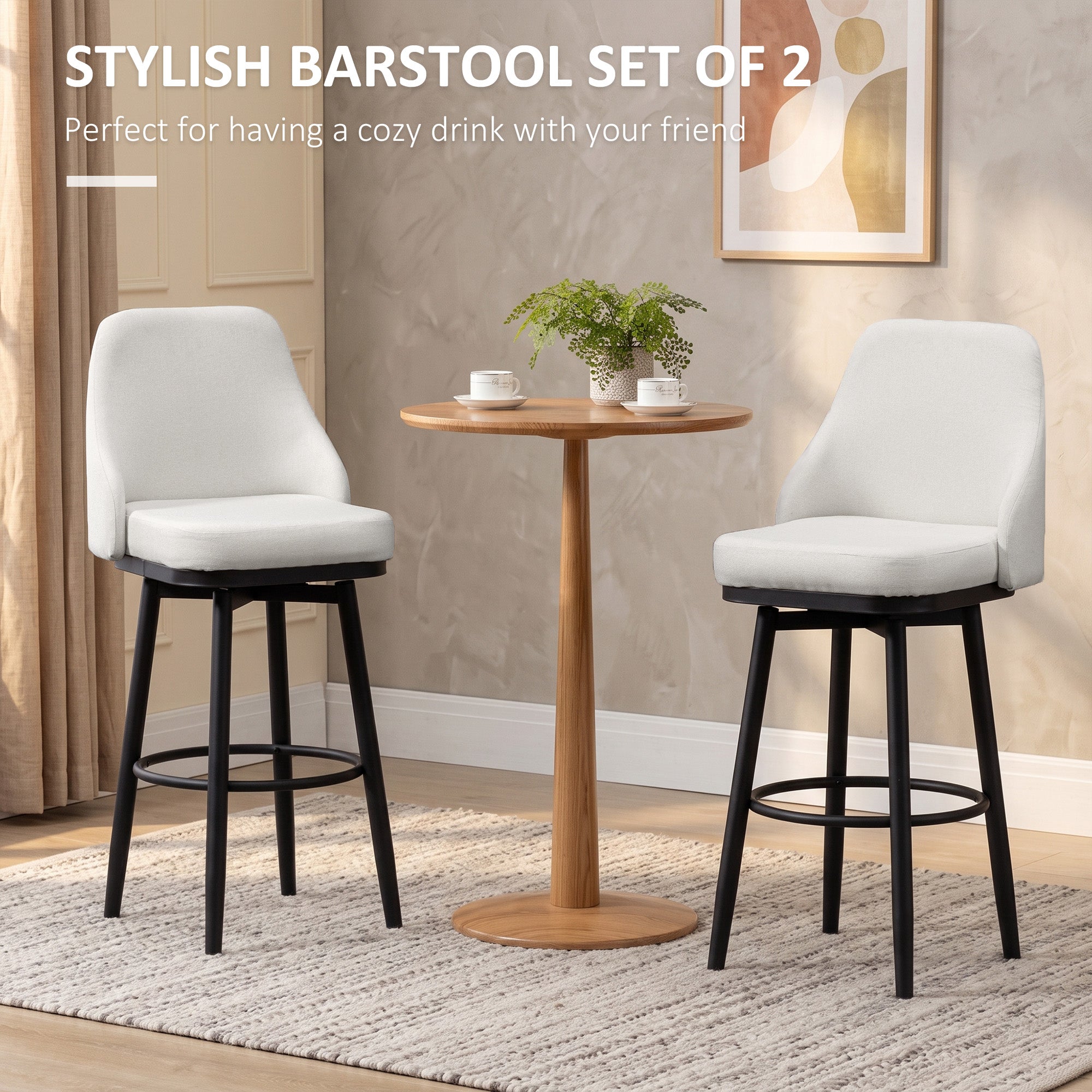 Bar Height Bar Stools Set of 2, Modern 360° Swivel Kitchen Chairs with Steel Legs and Footrest, 29.5 Inch Seat Height Upholstered Barstools for Kitchen Island, Cream White