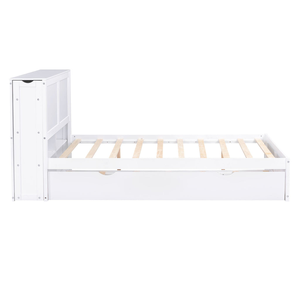 Full Size Storage Platform Bed with Pull Out Shelves, Twin Size Trundle, Solid Wood and MDF, 98" L x 89" W x 39.5" H, White