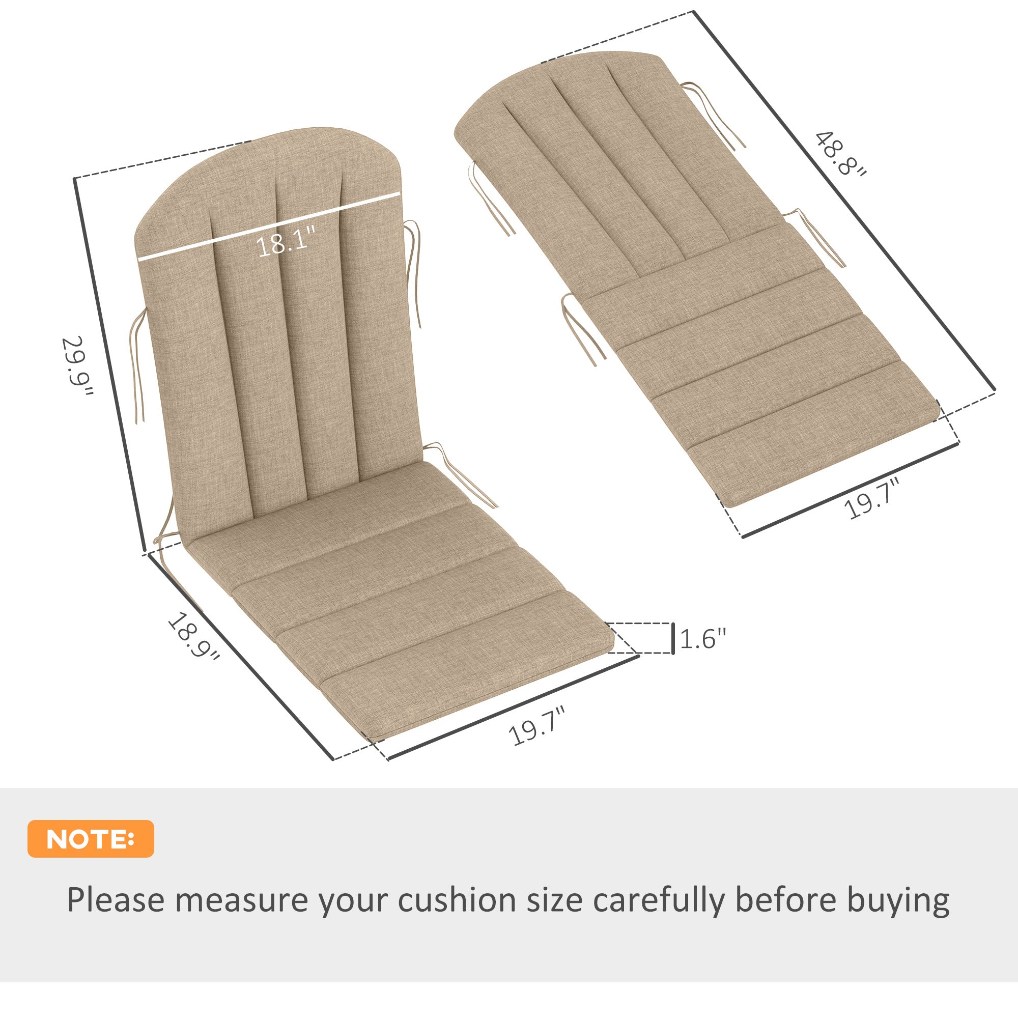 Set of 4 Outdoor Chair Cushions, High Back Adirondack Chair Cushion with Ties, High-Density Foam, Beige