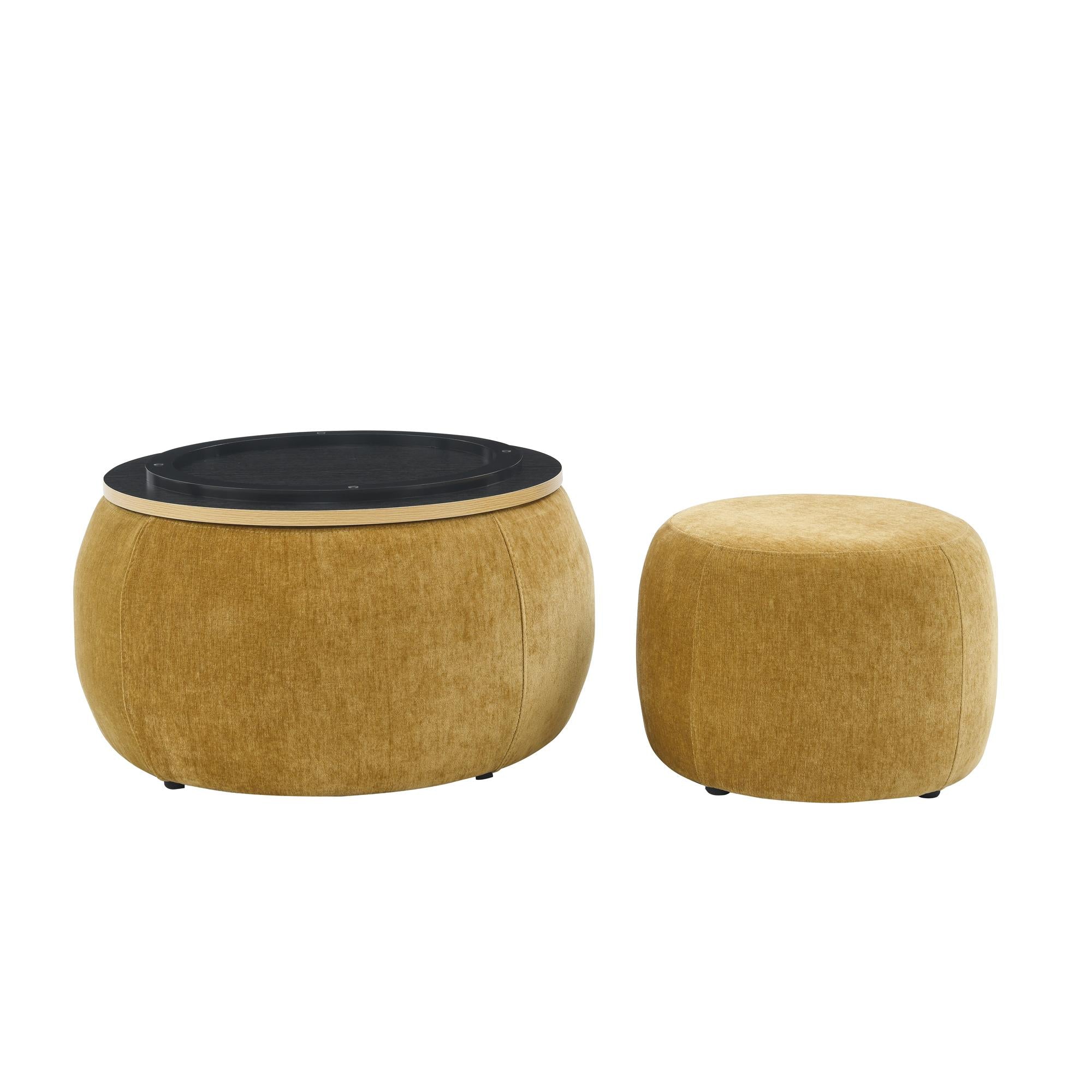 2-in-1 Round Storage Ottoman with Removable Top for Storage, End Table with Eucalyptus Wood Frame, 25" L x 25" W x 15" H, Dark Yellow