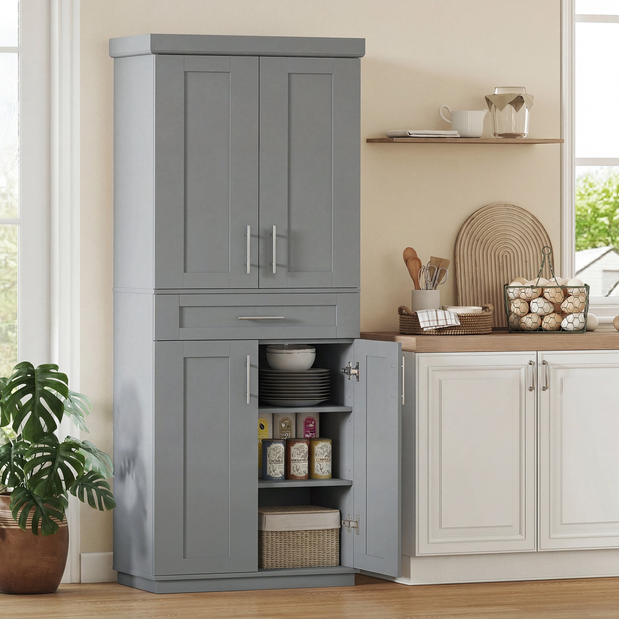 Modern Kitchen Pantry Freestanding Cabinet Cupboard with Doors and Drawer, Adjustable Shelving, Gray