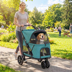 3 Wheel Pet Stroller with Easy One-Click Quick Fold, Mesh Window, Washable Cushion, for Medium Dogs, Dark Green