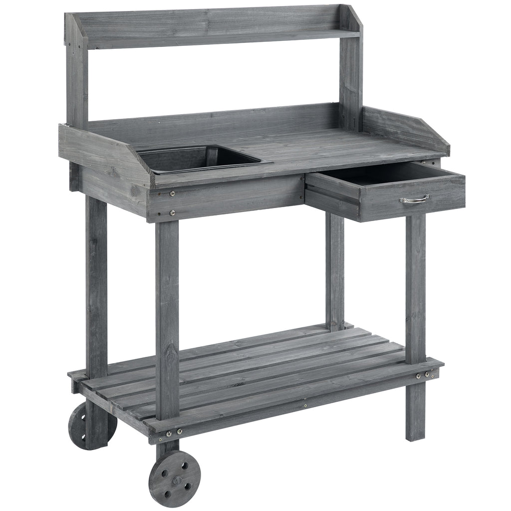 36'' Wooden Potting Bench Work Table with 2 Removable Wheels, Sink, Drawer & Large Storage Spaces, Gray