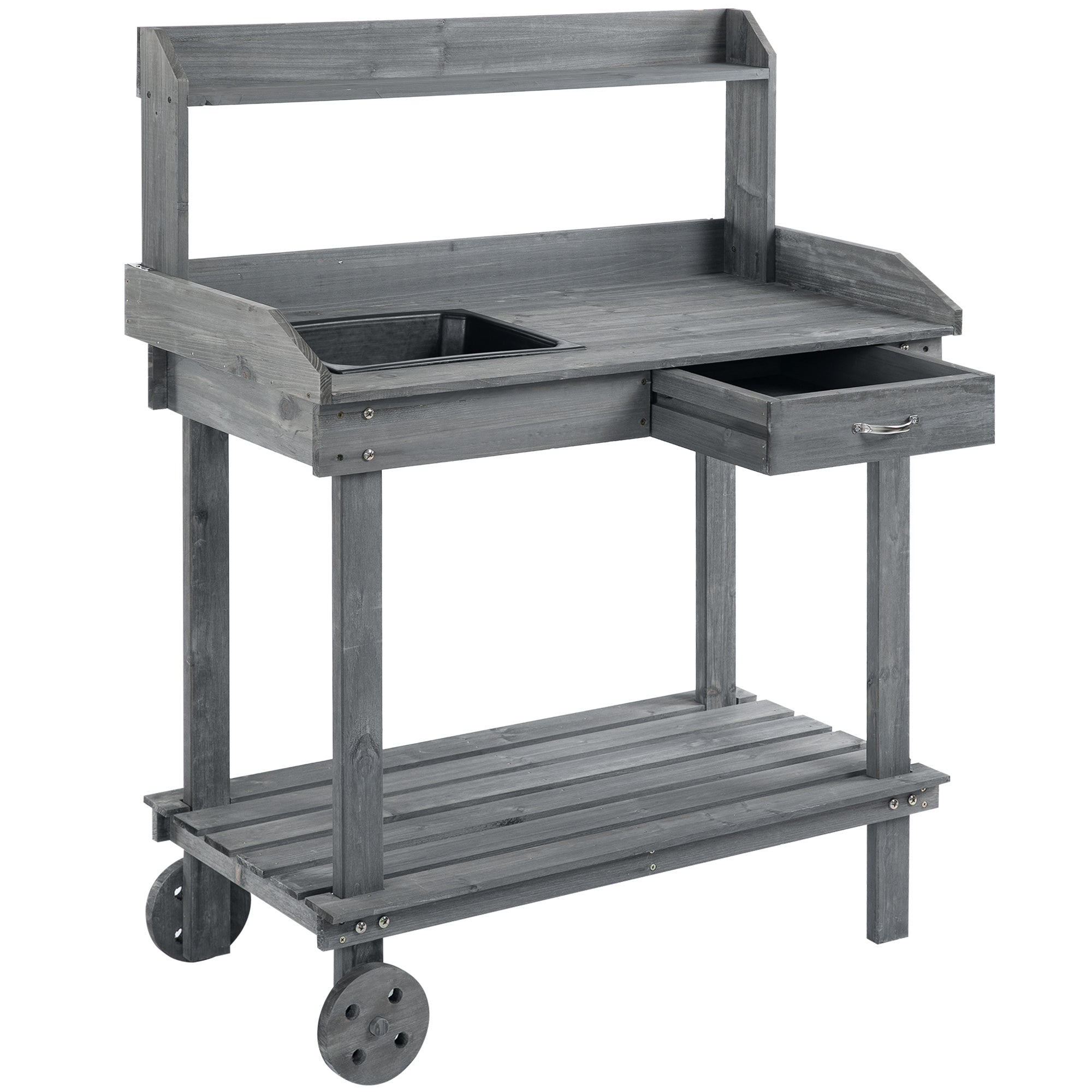 36'' Wooden Potting Bench Work Table with 2 Removable Wheels, Sink, Drawer & Large Storage Spaces, Gray