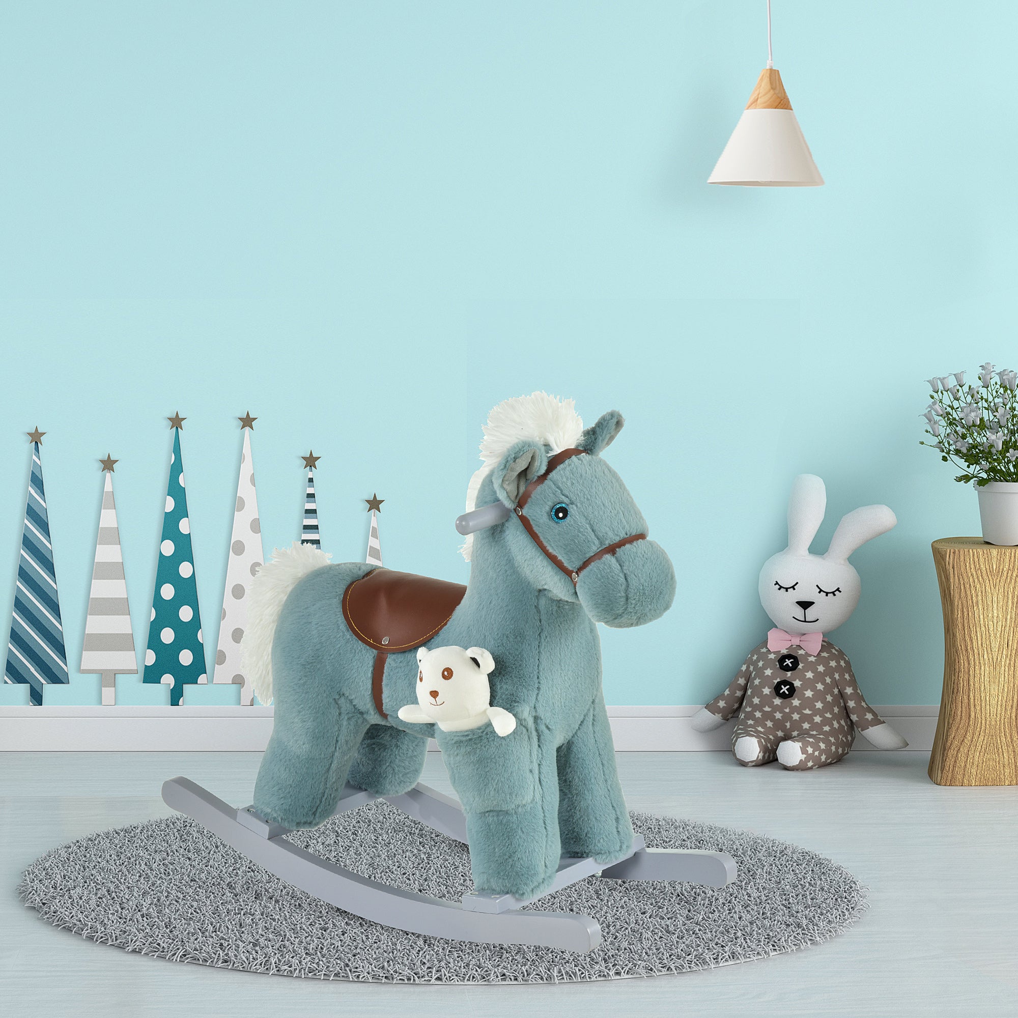 Kids Rocking Horse with Bear Toy, Plush Animal Rocker with Fun Realistic Sounds for Toddler 18-36 Months, Blue