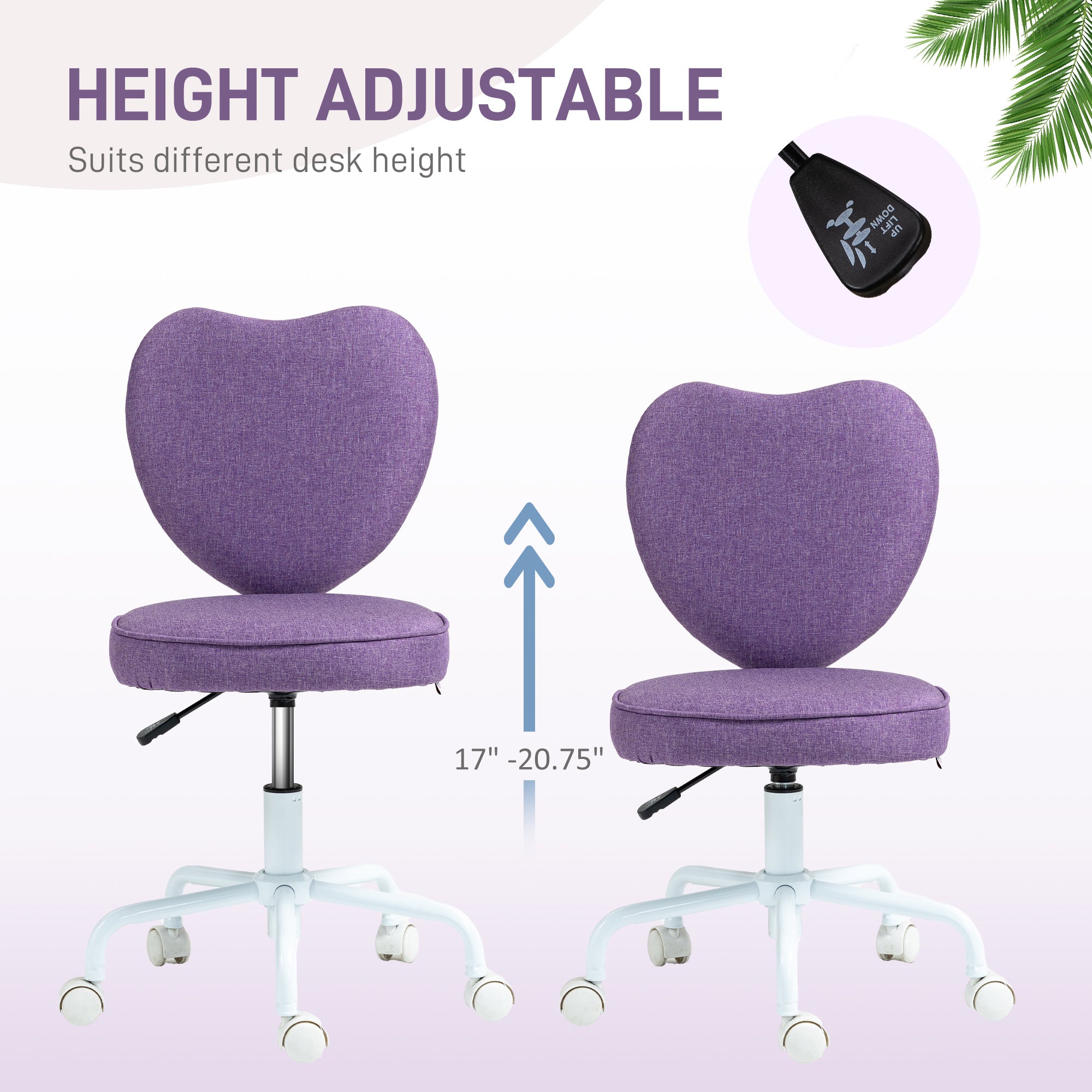 Heart Love Shaped Back Design Office Chair with Adjustable Height, Purple
