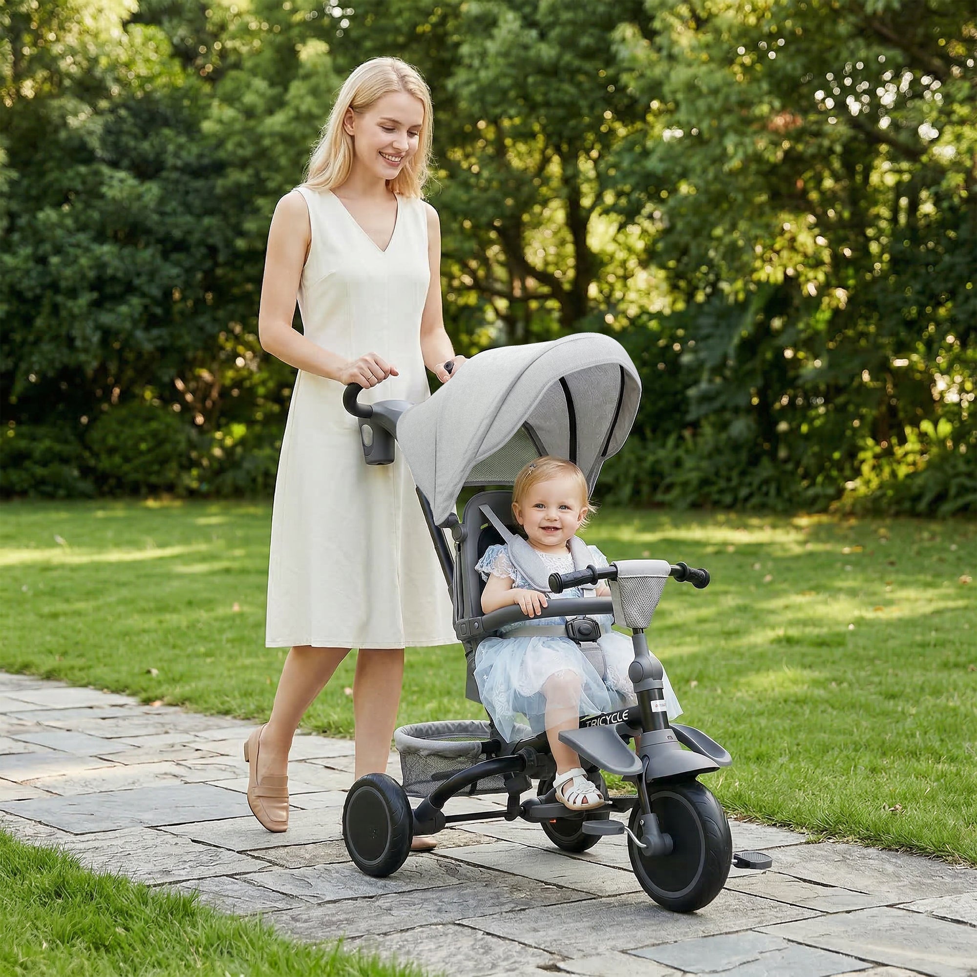 6 in 1 Kids Tricycle with Adjustable Push Handle, Removable Canopy, Reversible Seat, for 1-5 Years, Gray
