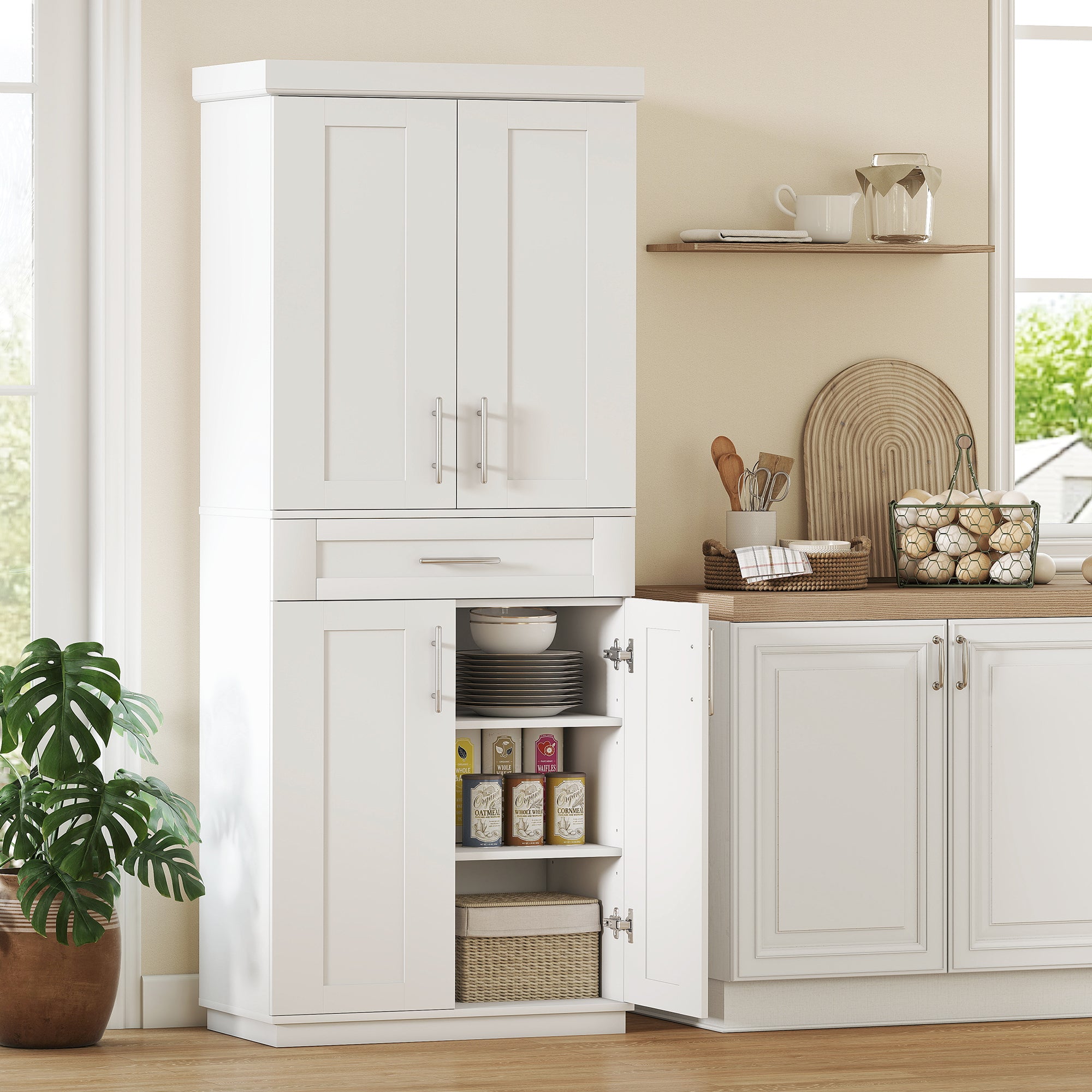 Modern Kitchen Pantry Freestanding Cabinet Cupboard with Doors and Drawer, Adjustable Shelving, White