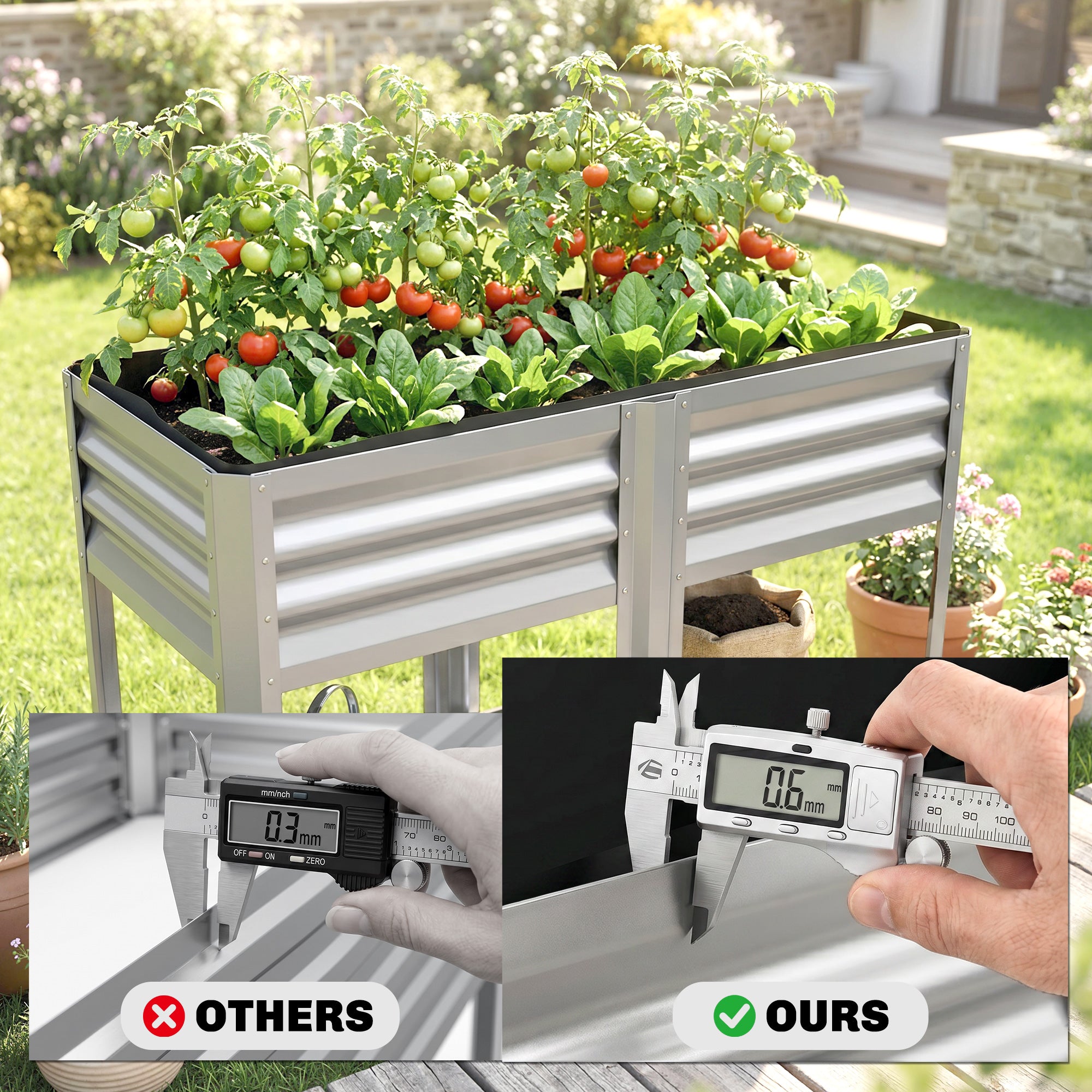 Raised Garden Bed Galvanized Steel, Elevated Planter Box with Storage Shelf, Bed Liner, 31.5" High, Silver