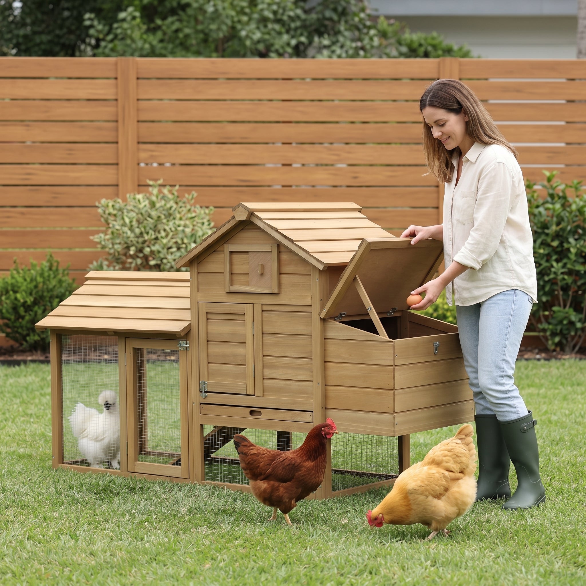 59" Small Wooden Chicken coop Hen House Poultry Cage for Outdoor Backyard with 2 Doors, Nesting Box and Removable Tray, Natural Wood