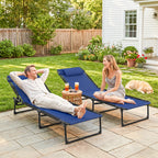 2 Folding Chaise Lounge Pool Chairs with 4-Position Reclining Back, Pillow, Breathable Mesh & Bungee Seat, Blue