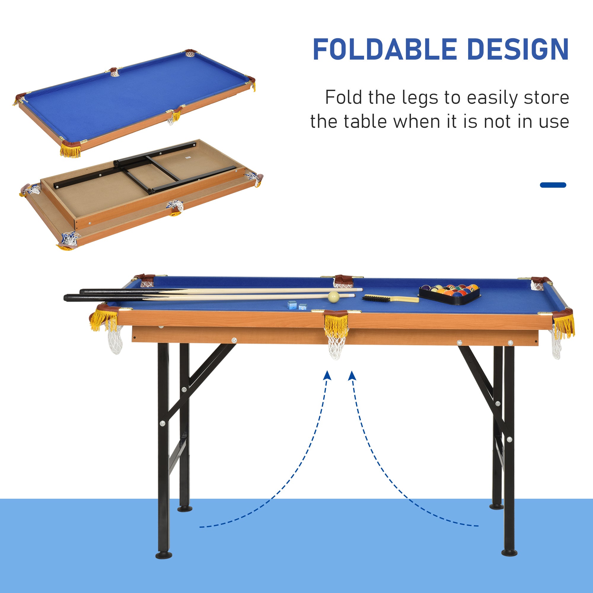 55" Portable Folding Billiards Table Game Pool Table for Whole Family Number Use With Cues, Ball, Rack, Chalk, Blue