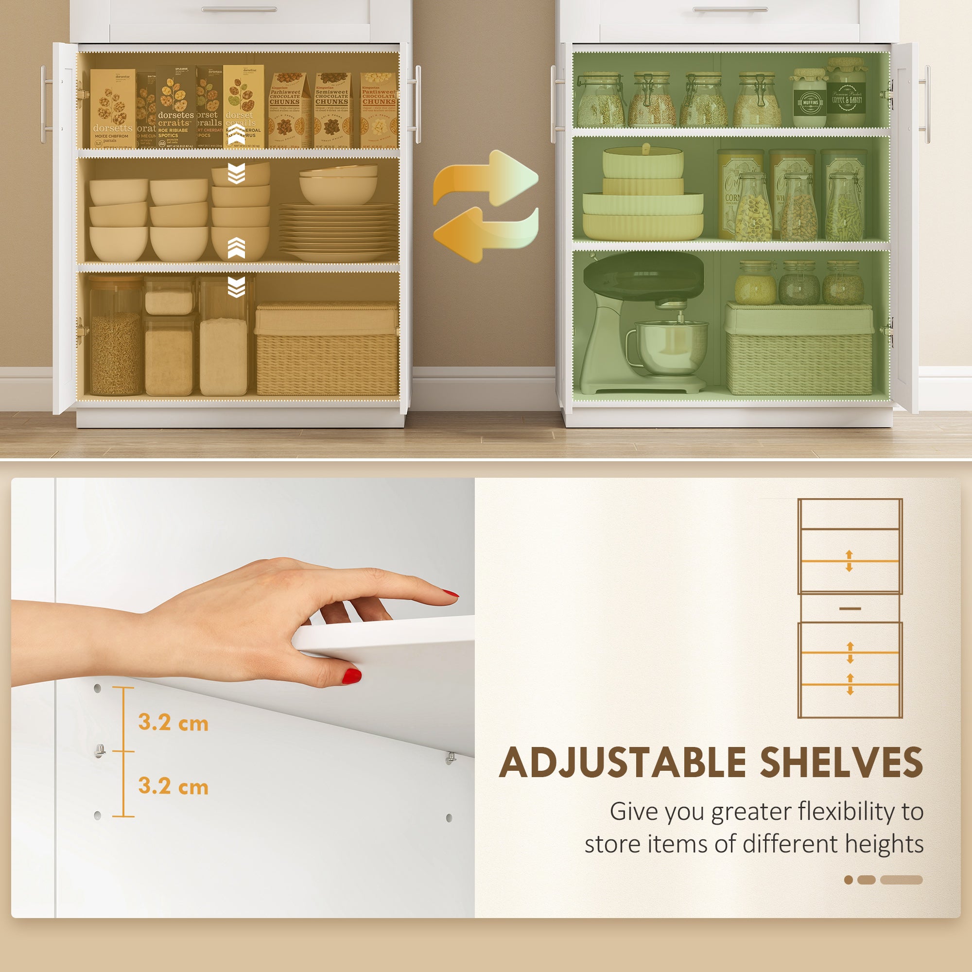 Modern Kitchen Pantry Freestanding Cabinet Cupboard with Doors and Drawer, Adjustable Shelving, White