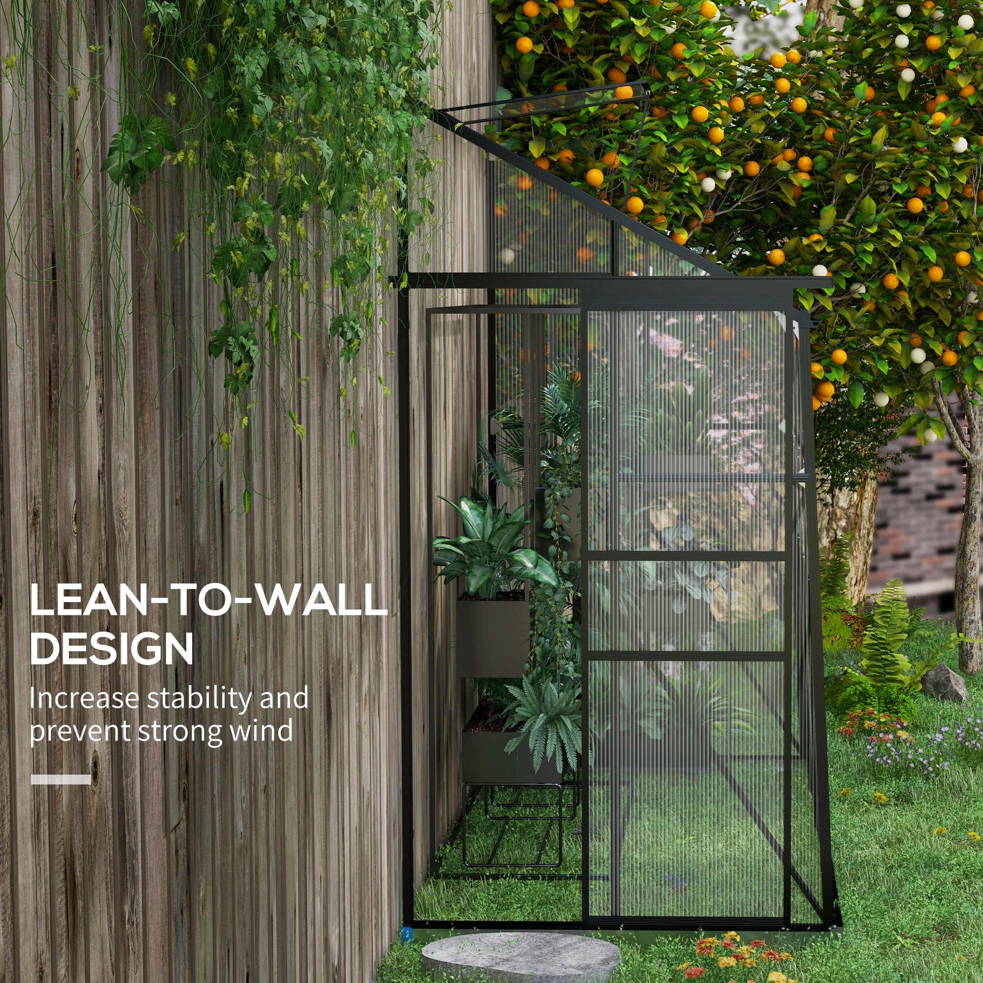 8' x 4' Walk-in Polycarbonate Greenhouse, Lean-to Aluminum Green House with Rain Gutter and Foundation, Black
