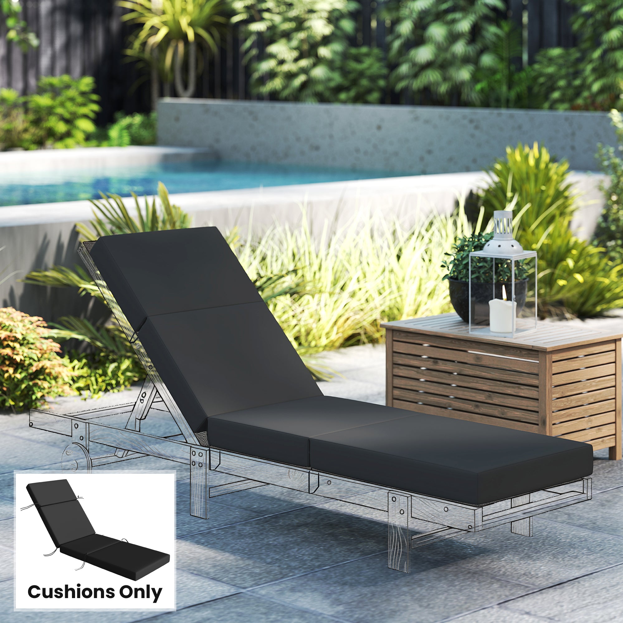 Chaise Lounge Cushion, 4" Thick Outdoor Lounge Chair Cushion with Ties for Patio, 21" x 72", Gray
