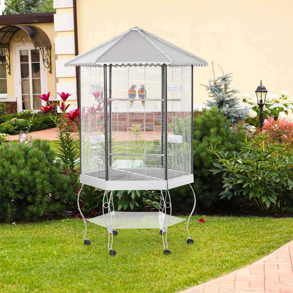 77" Flight Bird Cage Hexagon Covered Canopy Portable Aviary With Storage